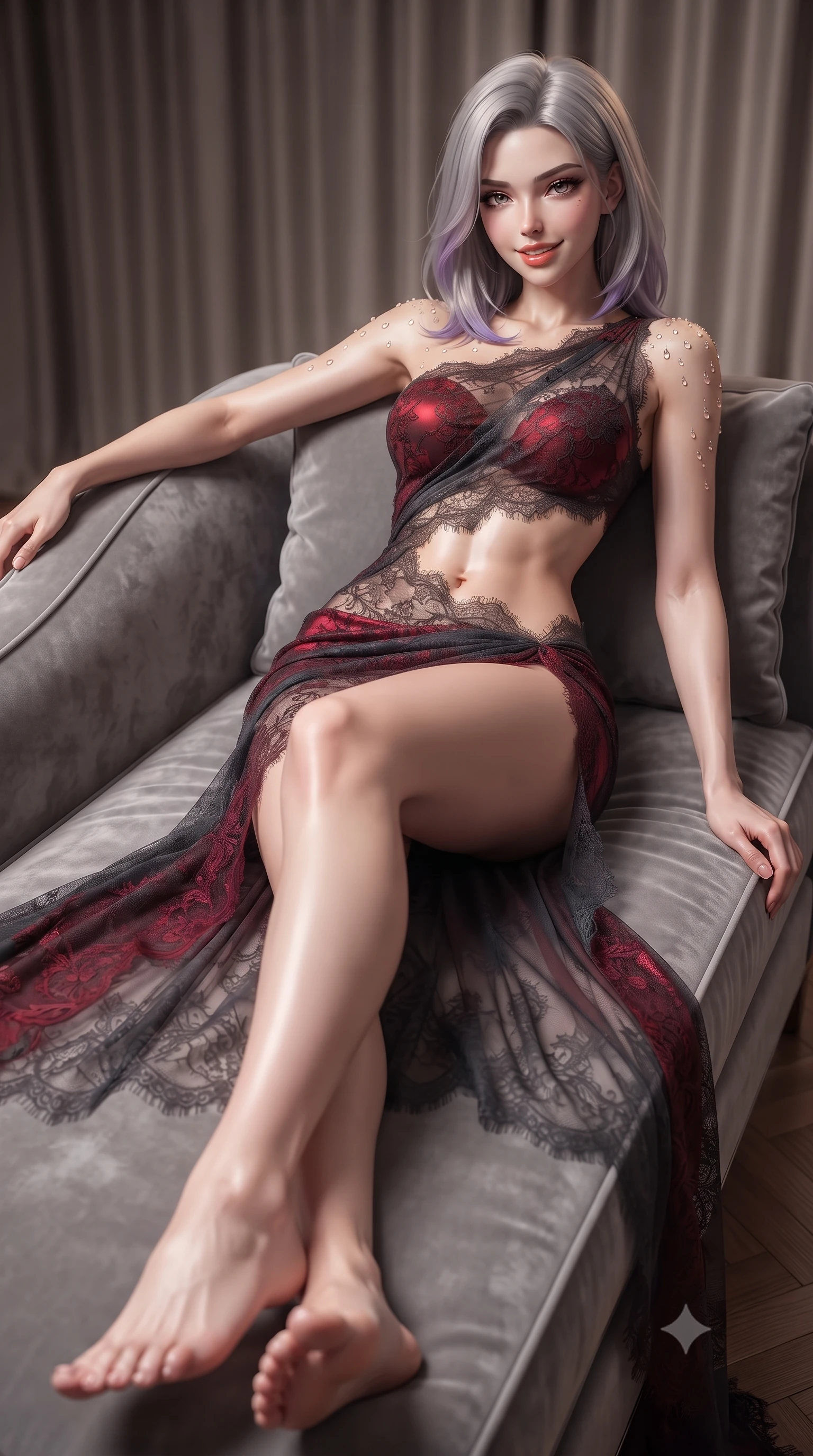 score_9, masterpiece, best quality, ultra-detailed, high-budget anime keyframe, editorial fashion photography, tasteful artistic composition, Caucasian woman. low angle full-body shot from head to toe showing her feet, filling the entire 9:16 vertical frame with her statuesque presence, stretching her vertical silhouette. lounging on the lavish daybed with legs crossed and hips angled toward the camera, displaying her toned midriff and long slender limbs with effortless siren poise while lounging across the custom grey velvet daybed with legs crossed, arching her lower back with sovereign Parisian high-fashion allure. The background shows a soft-focus sumptuous silk velvet drapery softened in ultra-luxury palace hotel shallow focus. She has an absolutely perfect, statuesque 8.5-heads proportion, an exceptionally tall and slender model-like female figure with impossibly long slender legs, an ultra-slim waist, a flat toned midriff, narrow delicate ribcage, and beautifully sculpted feminine hips creating a graceful, slim hourglass silhouette without any bulky heaviness. sharp v-shaped jawline, high-bridge nose, sparkling eyes with hypnotic seductive depth, thick curled eyelashes, glossy parted lips with a natural dewy peach sheen, alluring bedroom-eyes with an enchanting coquettish smile, exuding magnetic siren charisma and sophisticated glamour, flawlessly proportioned anatomical accuracy, strict slender model proportions, natural body alignment, perfectly sculpted long slender limbs, ultra-slim waistline, clean dynamic posture without body distortion. wearing an asymmetric one-shoulder liquid jersey gown with dramatic hip-high slit and sculptural waist cutout in rich cherry lacquer and smoky charcoal, made of delicate semi-sheer French Chantilly lace with intricate eyelash edges, finished with glistening drops of pool water beading across her sculpted shoulders and collarbones, the high-slit wrap tailoring accentuating her ultra-slim waistline and the enchanting curve of her feminine hips with alluring seductive charm. illuminated by polished parquet bounce and sharp warm-gold rim lights sculpting her razor-sharp jawline, narrow waist, and curvy hips. ultra-reflective glossy finish, specular highlights, rich textural contrasts, high-contrast stereoscopic depth, volumetric dynamic lighting, 2k, ultra detail, master piece, 9:16 ratio
