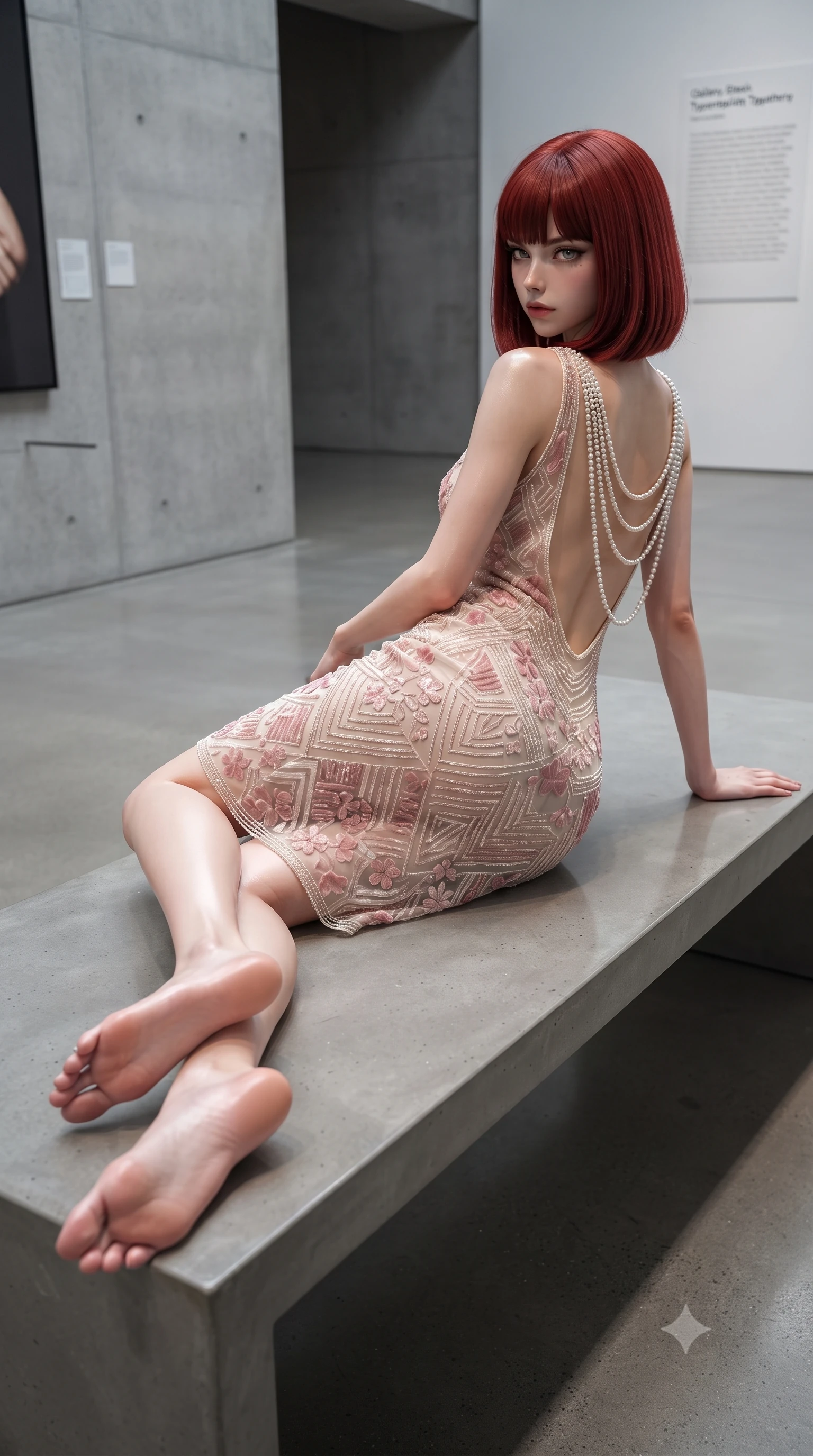 score_9, masterpiece, best quality, ultra-detailed, high-budget anime keyframe, editorial fashion photography, tasteful artistic composition, Caucasian woman. low angle full-body shot from head to toe showing her feet, filling the entire 9:16 vertical frame with her statuesque presence, stretching her vertical silhouette. reclining on her side in an elegant Cleopatra pose with one knee drawn up, the dramatic contour of her rounded hips and long slender legs commanding the 9:16 vertical frame while reclining on a sleek polished concrete bench propped on one hand, long legs extended to accentuate her razor-sharp slender hips and flat midriff. The surrounding environment is rendered in vivid detail and crisp panoramic clarity. detailed tailored dress seam lines, mirror reflection clarity, and gallery placard typography in high resolution. She has an exceptionally tall and slender model-like 8.5-heads proportion, an ultra-slim waist, a flat toned midriff, narrow delicate ribcage, and beautifully sculpted feminine hips creating a graceful, slim hourglass silhouette without any bulky heaviness, with impossibly long slender legs. sharp v-shaped jawline, high-bridge nose, intricate jewel-like eyes with depth, thick eyelashes, glossy parted lips with a natural sheen, intensely captivating and seductive bedroom-eyes expression, flawlessly proportioned anatomical accuracy, strict slender model proportions, natural body alignment, perfectly sculpted long slender limbs, ultra-slim waistline, clean dynamic posture without body distortion. wearing a sheer vintage mesh flapper dress adorned with intricate geometric beadwork over an opaque silk slip in sakura blossom pink and warm ivory, made of sheer contouring power-mesh with velvet flocking patterns, accented with a multi-strand pearl back necklace cascading down her bare spine to her hips, the precision-cut side openings and low-back scoop framing her graceful spine and the sensual sweep of her slim, toned hips. surrounded by a sophisticated, avant-garde, and dangerously seductive art-world muse aura. ultra-reflective glossy finish, specular highlights, rich textural contrasts, high-contrast stereoscopic depth, volumetric dynamic lighting, 2k, ultra detail, master piece, 9:16 ratio