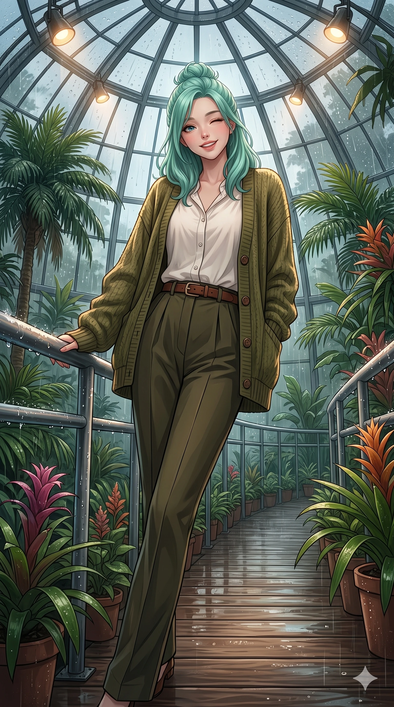 score_9, masterpiece, best quality, ultra-detailed, high-budget anime keyframe, vibrant anime aesthetic, Japanese woman. low angle full-body shot from head to toe showing her feet, filling the entire 9:16 vertical frame with her statuesque presence, stretching her vertical silhouette. She is leaning back on a wet, rain-slicked railing, winking and smiling delightfully, with a bright, joyful gaze with a gentle tilt of her head. on a wooden boardwalk winding through a botanical garden greenhouse filled with exotic palms, under a glass dome (Code-P22-013). She has an absolutely perfect 8-heads proportion, an exceptionally tall and slender female figure with impossibly long slender legs and an ultra-slim waist. V-shaped jawline, high-bridge nose, intricate jewel-like eyes with depth, thick eyelashes, glossy lips with a natural sheen. wearing an oversized olive green knit cardigan over a buttoned cotton blouse and tailored trousers with an elegant leather belt. She is illuminated by warm overhead spotlights inside the plant conservatory dome, casting soft shadows that enhance her features in the rainy afternoon. 2k, ultra detail, master piece, 9:16 ratio