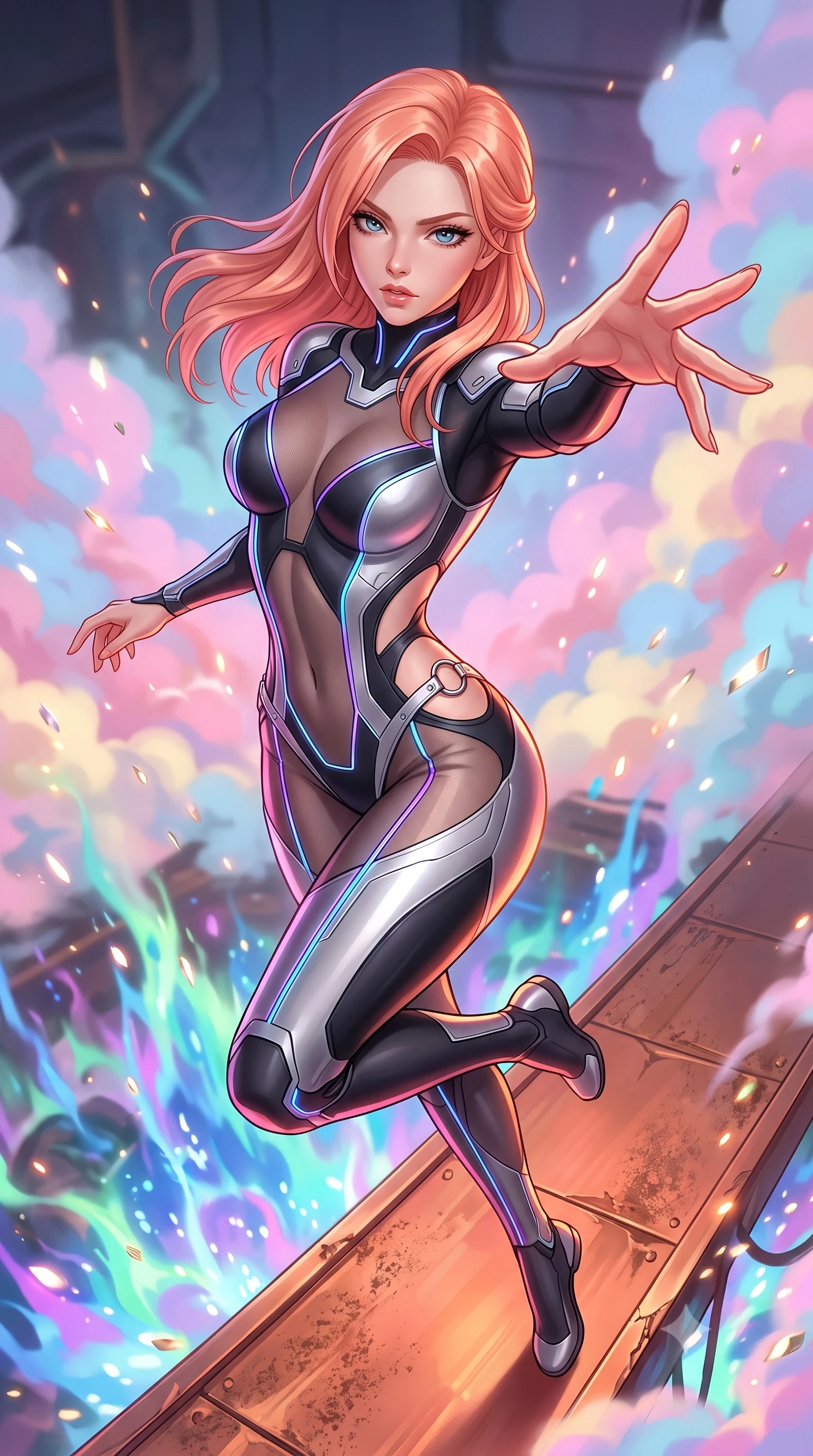 score_9, masterpiece, best quality, ultra-detailed, high-budget anime keyframe, editorial fashion photography, tasteful artistic composition, Japanese woman. close-up cowboy shot from the waist and thighs up, the character dominates the composition, filling the frame with her large presence, background elements kept in soft focus. Reaching her hand gracefully toward the camera with magnetic allure, her torso turning in a dynamic S-curve alignment while leaping across a copper catwalk as boiling liquid aurora energy erupts below, pastel-colored steam clouds scattering bright metallic highlights. She has an exceptionally elegant, slender, and willowy female figure with an ultra-slim waist, a gracefully sculpted slender torso, and a refined silhouette. sharp v-shaped jawline, high-bridge nose, intricate jewel-like eyes with depth, thick eyelashes, glossy lips with a natural sheen, flawlessly proportioned anatomical accuracy, natural body alignment, perfectly sculpted elegant limbs, clean dynamic posture without body distortion. wearing a skin-tight cybernetic bodysuit with glowing neon seams and side cutouts in matte black and polished silver, woven from fine semi-opaque sheer organza, accented with delicate chrome ring hardware framing her waist, the form-contouring material highlighting her ultra-slim waist and long lines. bathed in hot pink and orange furnace underlighting with sharp bronze speculars. highly saturated vibrant anime colors, detailed shading with soft gradients, rich glossy textures, high-contrast stereoscopic depth, volumetric dynamic lighting, master piece, 9:16 ratio