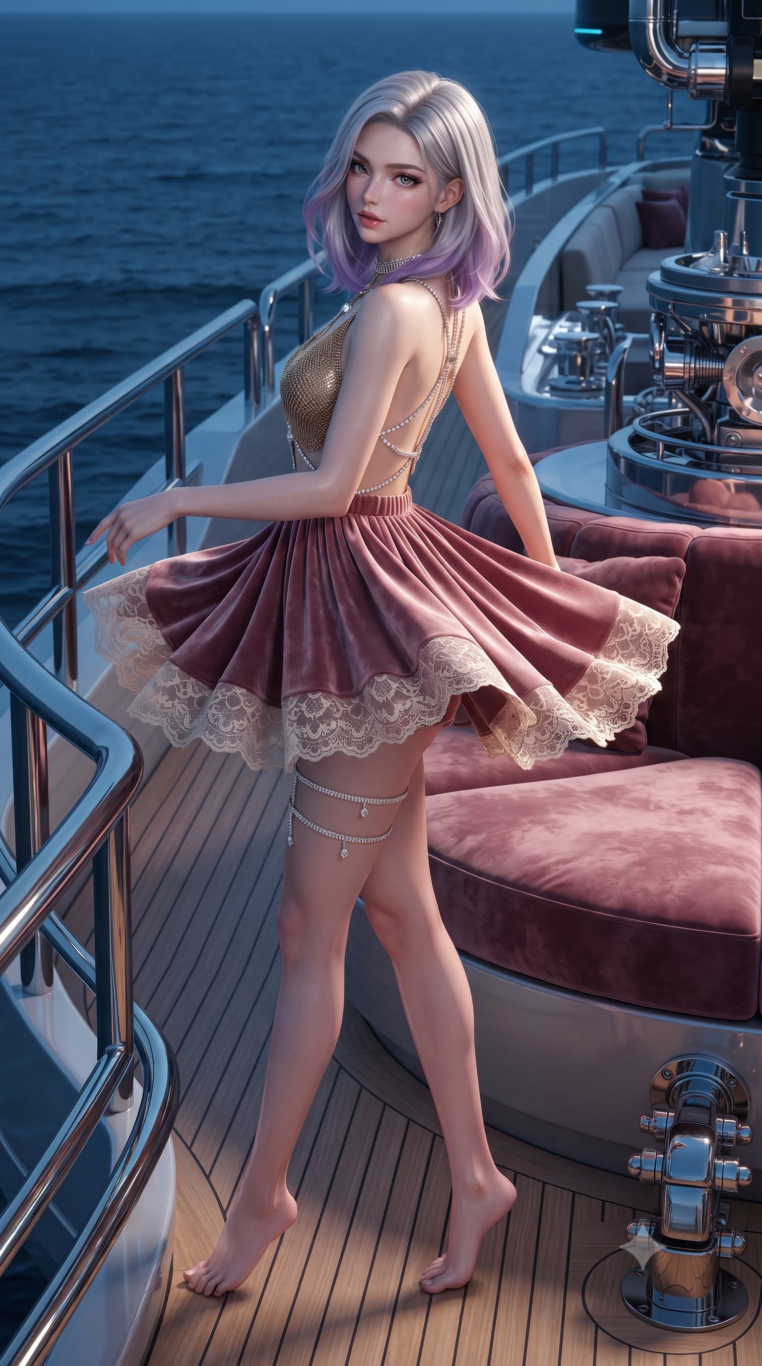 score_9, masterpiece, best quality, ultra-detailed, high-budget anime keyframe, editorial fashion photography, tasteful artistic composition, Caucasian woman. low angle full-body shot from head to toe showing her feet, filling the entire 9:16 vertical frame with her statuesque presence, stretching her vertical silhouette. executing a slow, graceful pivot turn as her skirt sways around her slender legs, glancing back with an enchanting, teasing sensual expression while lounging on the deep circular velvet sofa propped on one elbow, her flat midriff and long slender legs framed by the mysterious blue ocean. The surrounding environment is rendered in vivid detail and crisp panoramic clarity: detailed gold chainmail halter top weave, diamond body harness shine, and naval superyacht engineering in razor-sharp precision. She has an absolutely perfect, statuesque 8.5-heads proportion, an exceptionally tall and slender model-like female figure with impossibly long slender legs, an ultra-slim waist, a flat toned midriff, narrow delicate ribcage, and beautifully sculpted feminine hips creating a graceful, slim hourglass silhouette without any bulky heaviness. sharp v-shaped jawline, high-bridge nose, sparkling eyes with hypnotic seductive depth, thick curled eyelashes, glossy parted lips with a natural dewy peach sheen, alluring bedroom-eyes with an enchanting coquettish smile, exuding magnetic siren charisma and sophisticated glamour, flawlessly proportioned anatomical accuracy, strict slender model proportions, natural body alignment, perfectly sculpted long slender limbs, ultra-slim waistline, clean dynamic posture without body distortion. wearing a plunge-neck stretch velvet romper with scalloped eyelash-lace hems and a cinched waist ribbon in dusky blush pink and warm ivory lace, crafted from fluid liquid silk satin that clings smoothly to every curve with a dewy sheen, finished with delicate crystal-encrusted thigh garter straps glinting in the dim light, the second-skin tailored fabric adhering flawlessly to her sculpted flat midriff and slender torso, emphasizing her long leg lines and perfectly proportioned willowy build. illuminated by aquatic caustic reflections and sharp electric-cyan rim lights sculpting her razor-sharp jawline, narrow waist, and curvy hips. ultra-reflective glossy finish, specular highlights, rich textural contrasts, high-contrast stereoscopic depth, volumetric dynamic lighting, 2k, ultra detail, master piece, 9:16 ratio