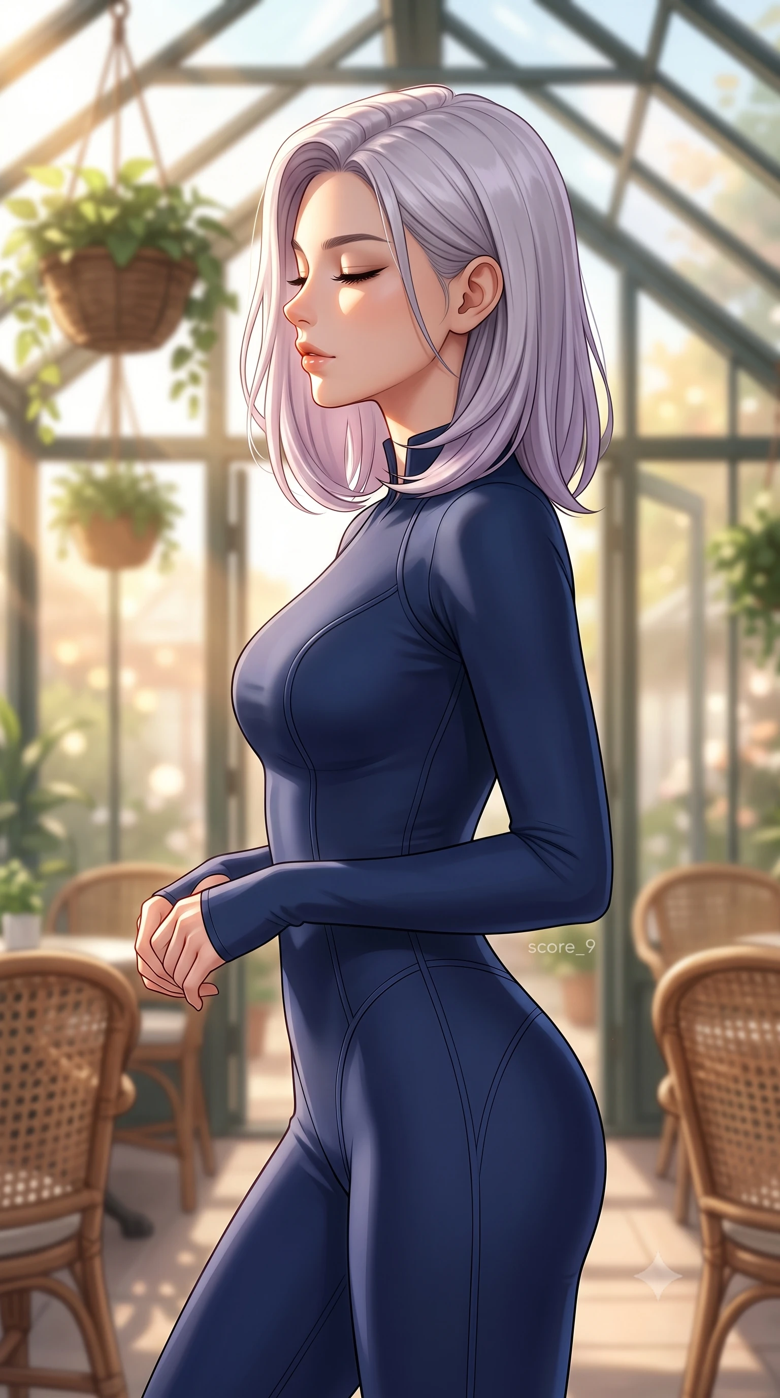 score_9, masterpiece, best quality, ultra-detailed, high-budget anime keyframe, editorial fashion photography, tasteful artistic composition, Caucasian woman woman. close-up cowboy shot from the waist and thighs up, the character dominates the composition, filling the frame with her large presence, background elements kept in soft focus. turning her face in profile to catch the warm sunlight on her cheek, eyes softly closed the background shows a soft-focus a café situated inside a renovated glass greenhouse, with hanging plant baskets and rattan chairs. She has an exceptionally elegant, slender, and willowy female figure with an ultra-slim waist, a gracefully sculpted slender torso, and a refined silhouette. sharp v-shaped jawline, high-bridge nose, intricate jewel-like eyes with depth, thick eyelashes, glossy lips with a natural sheen. wearing a form-contouring body-hugging navy blue activewear jumpsuit with sleek contouring seam lines. bright afternoon sun rays illuminating the entire green space. 2k, ultra detail, master piece, 9:16 ratio