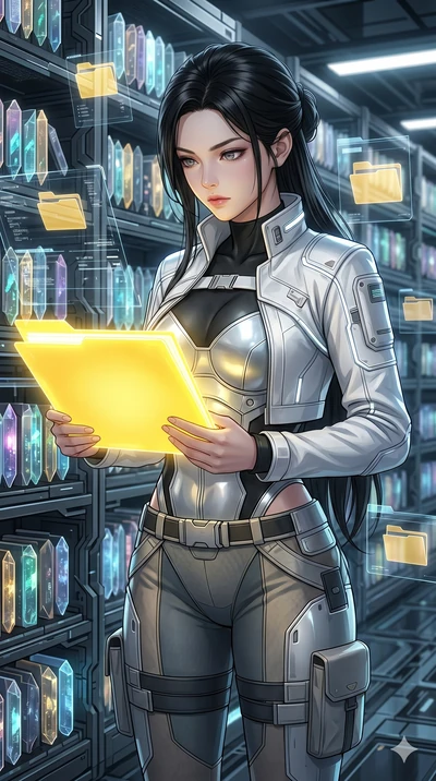 score_9, masterpiece, best quality, ultra-detailed, high-budget anime keyframe, Korean woman. Upper body close-up from the thighs up, character filling the screen for maximum presence. Inside a virtual reality archive, searching for old files, examin