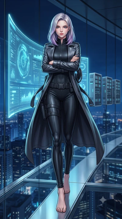 score_9, masterpiece, best quality, ultra-detailed, high-budget anime keyframe, semi-realistic 3D game render, editorial fashion photography, tasteful artistic composition, Caucasian woman. low angle full-body shot from head to toe showing her feet, 