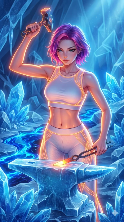 score_9, masterpiece, best quality, ultra-detailed, high-budget anime keyframe, Japanese woman. upper body close-up from the thighs up, character filling the screen for maximum presence. forging in a prismatic ice-volcano temple where glowing cobalt-