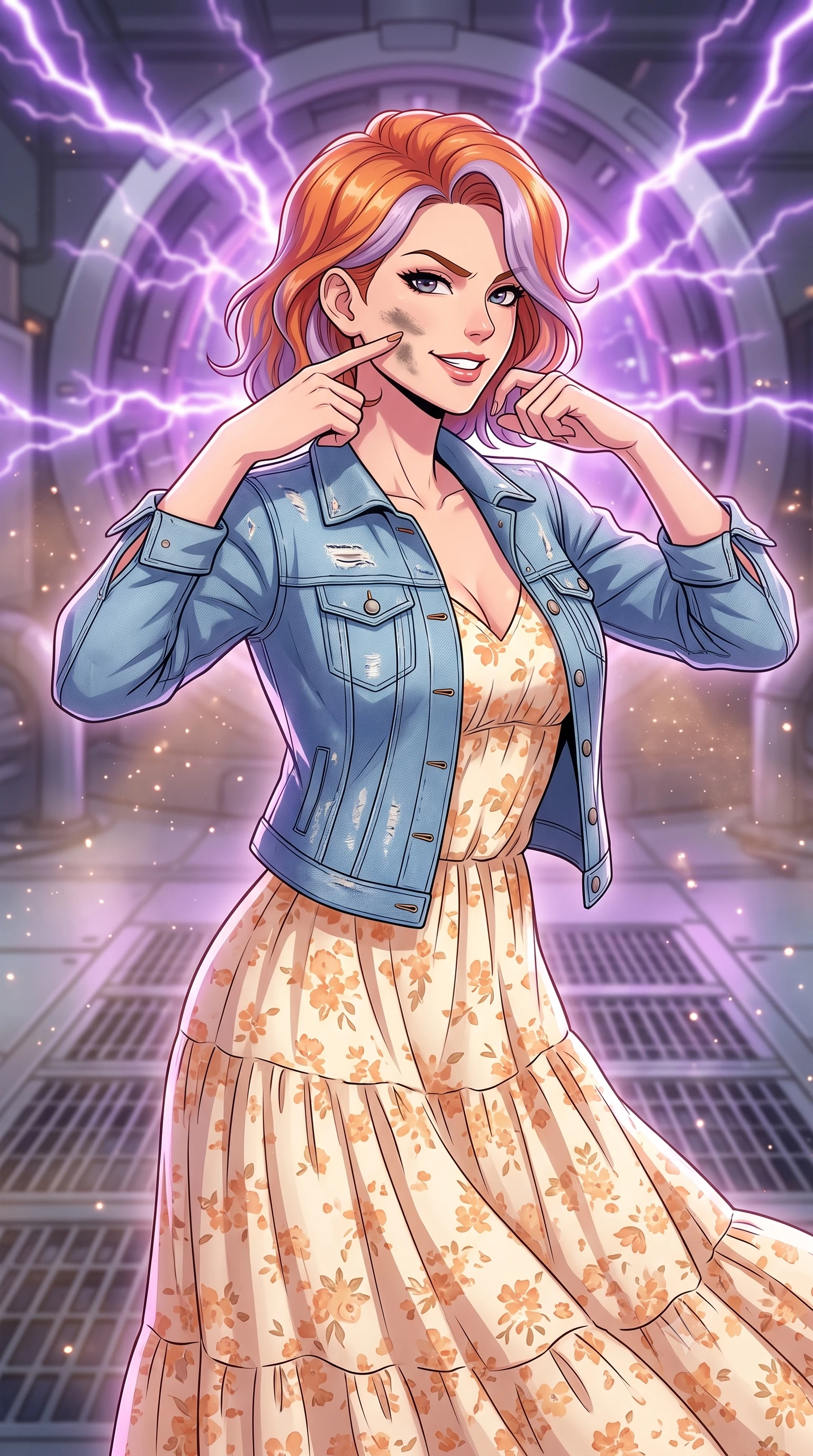 score_9, masterpiece, best quality, ultra-detailed, high-budget anime keyframe, clean line-art, cel-shading, Caucasian woman, strictly human ears. close-up cowboy shot from the waist and thighs up, the character dominates the composition, filling the frame with her large presence, background elements kept in soft focus. Wiping a smudge of dust from her cheek with a confident, defiant grin. set against a soft-focus background of inside a tech generator where a large electromagnetic core pulses with purple lightning arcs, metallic floors vibrating. She has an exceptionally elegant and slender, willowy female figure with an ultra-slim waist, a gracefully sculpted slender torso, and a refined slim physique. sharp v-shaped jawline, high-bridge nose, intricate jewel-like eyes with depth, thick eyelashes, glossy lips with a natural sheen. wearing catching and diffusing the glowing particles, shimmering softly in response to the surrounding light, a tailored tailored light blue denim jacket over a tiered cotton maxi dress in a warm cream and apricot floral print. soft glowing ambient light with sharp side key light tracing the sleek contours of her figure. highly saturated vibrant anime colors, intense vivid color palette, volumetric dynamic lighting, 2k, ultra detail, master piece, 9:16 ratio