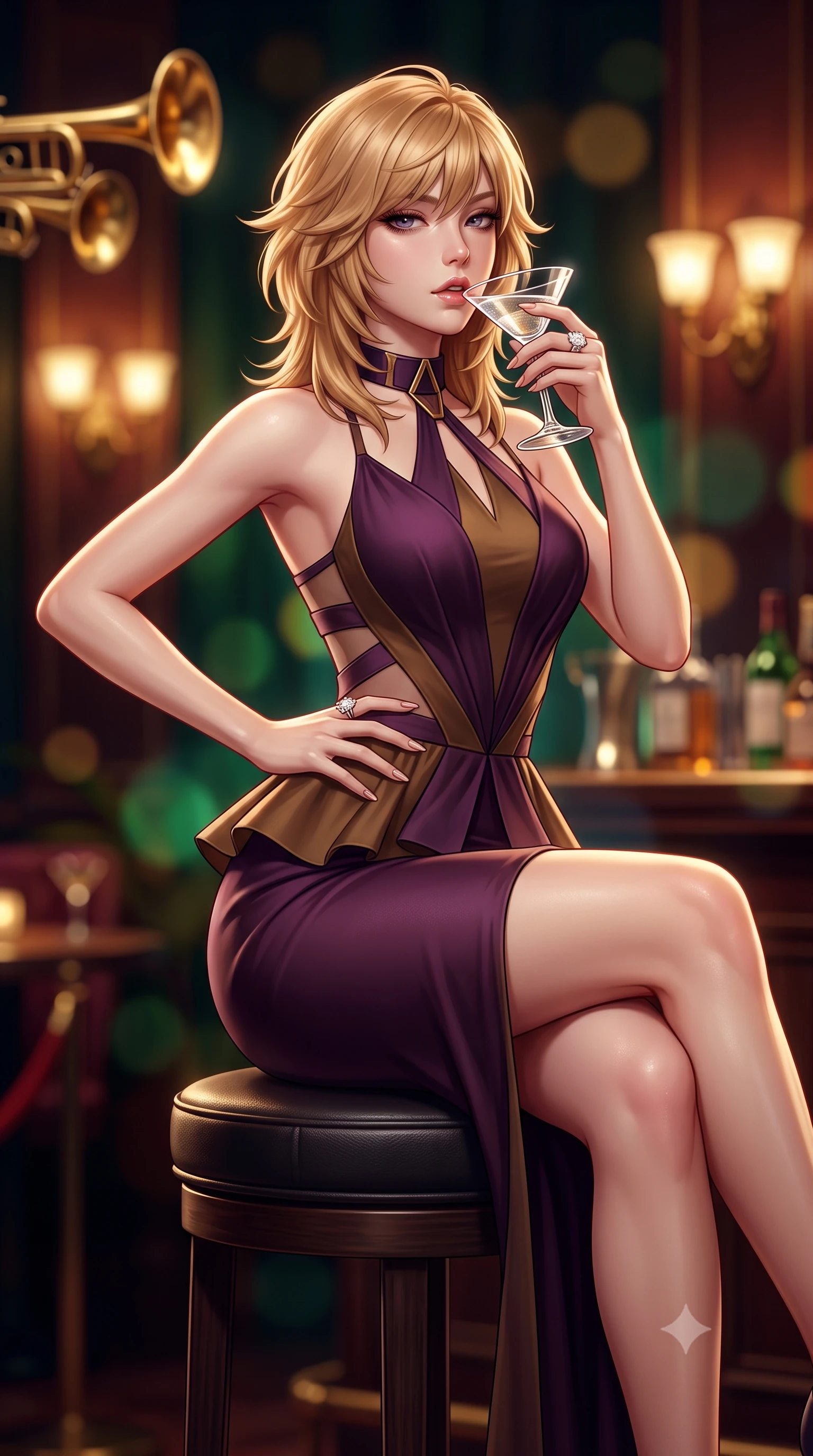 score_9, masterpiece, best quality, ultra-detailed, high-budget anime keyframe, semi-realistic 3D game render, editorial fashion photography, tasteful artistic composition, Korean woman. close-up cowboy shot from the waist and thighs up, the character dominates the composition, filling the frame with her large presence. resting one manicured hand delicately on her hip bone, her upper body turning in a fluid, seductive S-curve while parted lips glisten in the light while sitting high on a dark leather circular barstool with legs crossed, arching her lower back while holding a crystal cocktail glass to her parted lips. The composition keeps background elements in soft focus with creamy bokeh. golden jazz trumpet bells and glowing wall sconces blurred into warm whiskey-gold, deep emerald, and burgundy bokeh. She has an exceptionally elegant, slender, and willowy female figure with an ultra-slim waist, flat toned midriff, narrow ribcage, and sculpted feminine hips creating an alluring, slim hourglass silhouette without bulk. sharp v-shaped jawline, high-bridge nose, intricate jewel-like eyes with depth, thick eyelashes, glossy parted lips with a natural sheen, intensely captivating and seductive bedroom-eyes expression, flawlessly proportioned anatomical accuracy, strict slender model proportions, natural body alignment, perfectly sculpted long slender limbs, ultra-slim waistline, clean dynamic posture without body distortion. wearing a structural geometric peplum gown with sheer side-ribbon cutouts and form-fitting skirt in deep plum violet and antique bronze, made of fluid silk crepe with delicate inner corsetry boning, complemented by a bold geometric choker and sparkling cocktail ring, the glove-like aerodynamic silhouette tightly following the natural contour of her hips and long slender legs with statuesque 8.5-heads elegance. surrounded by a sultry, scandalous, and irresistibly intoxicating jazz-age siren aura. highly saturated vibrant anime colors, detailed shading with soft gradients, rich glossy textures, high-contrast stereoscopic depth, volumetric dynamic lighting, master piece, 9:16 ratio