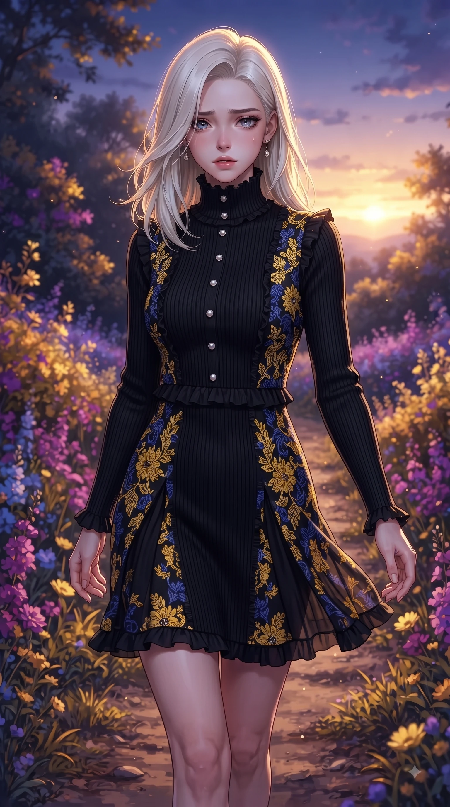 score_9, masterpiece, best quality, ultra-detailed, high-budget anime keyframe, editorial fashion photography, tasteful artistic composition, Caucasian woman. close-up cowboy shot from the waist and thighs up, the character dominates the composition, filling the frame with her large presence. Heart-tugging melancholic glance with a subtle drop of emotion in her eyes and a quiet wistful posture while stepping along a dirt path flanked by vibrant blossoms with an ethereal editorial grace. The surrounding environment is rendered in vivid detail and crisp panoramic clarity. rich purple and gold color contrast in the landscape rendered with high environmental clarity. She has an exceptionally elegant, slender, and willowy female figure with an ultra-slim waist, a gracefully sculpted slender torso, and a refined silhouette. sharp v-shaped jawline, high-bridge nose, intricate jewel-like eyes with depth, thick eyelashes, glossy lips with a natural sheen, flawlessly proportioned anatomical accuracy, natural body alignment, perfectly sculpted elegant limbs, clean dynamic posture without body distortion. wearing a chic black ribbed turtleneck knit dress accentuating her slender waist in sunflower yellow and royal navy blue, woven from fine lightweight chiffon fluttering gracefully, accented with delicate pearl buttons and refined ruffle trims, the sleek second-skin fit accentuating her magnetic presence. bathed in ethereal twilight glow and warm golden sunset horizon light. ultra-reflective glossy finish, specular highlights, metallic sheen, high-contrast stereoscopic depth, volumetric dynamic lighting, 2k, ultra detail, master piece, 9:16 ratio