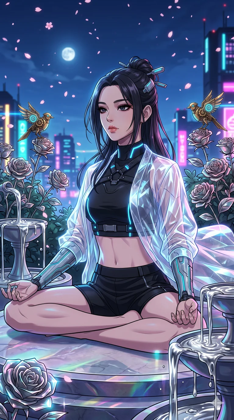 score_9, masterpiece, best quality, ultra-detailed, High-budget Anime Keyframe, vibrant colors, fluid line-art, expressive lighting, cinematic composition, Ufotable-style visual effects, top-tier animation quality, Korean woman with idol-like refined features. Cinematic low angle perspective showcasing her towering height and perfect 8-heads proportion. Meditating deeply in a serene garden of metallic roses and mercury fountains, the sound of clockwork birds in the air. She has an absolutely perfect 8-heads proportion, an exceptionally tall and slender female figure with impossibly long slender legs and an ultra-slim waist, her statuesque height and towering silhouette dominating the vertical 9:16 frame. Her face is a masterpiece featuring a sharp v-shaped jawline, high-bridge nose, intricate jewel-like eyes with depth, thick eyelashes, and glossy lips with a natural sheen. She is wearing a Cyber-augmented streetwear featuring mechanical arm parts and a micro-shorts/harness combo crafted from Sheer silk that is almost transparent, flowing like water around her statuesque frame, featuring a crystalline structure that catches the light and reveals her slender frame. The scene is set in an ancient floating island with pink cherry blossoms falling like snow against a blue sky, illuminated by harsh neon light and deep shadows creating a high-contrast noir aesthetic. 2k, ultra detail, master piece, 9:16 ratio
