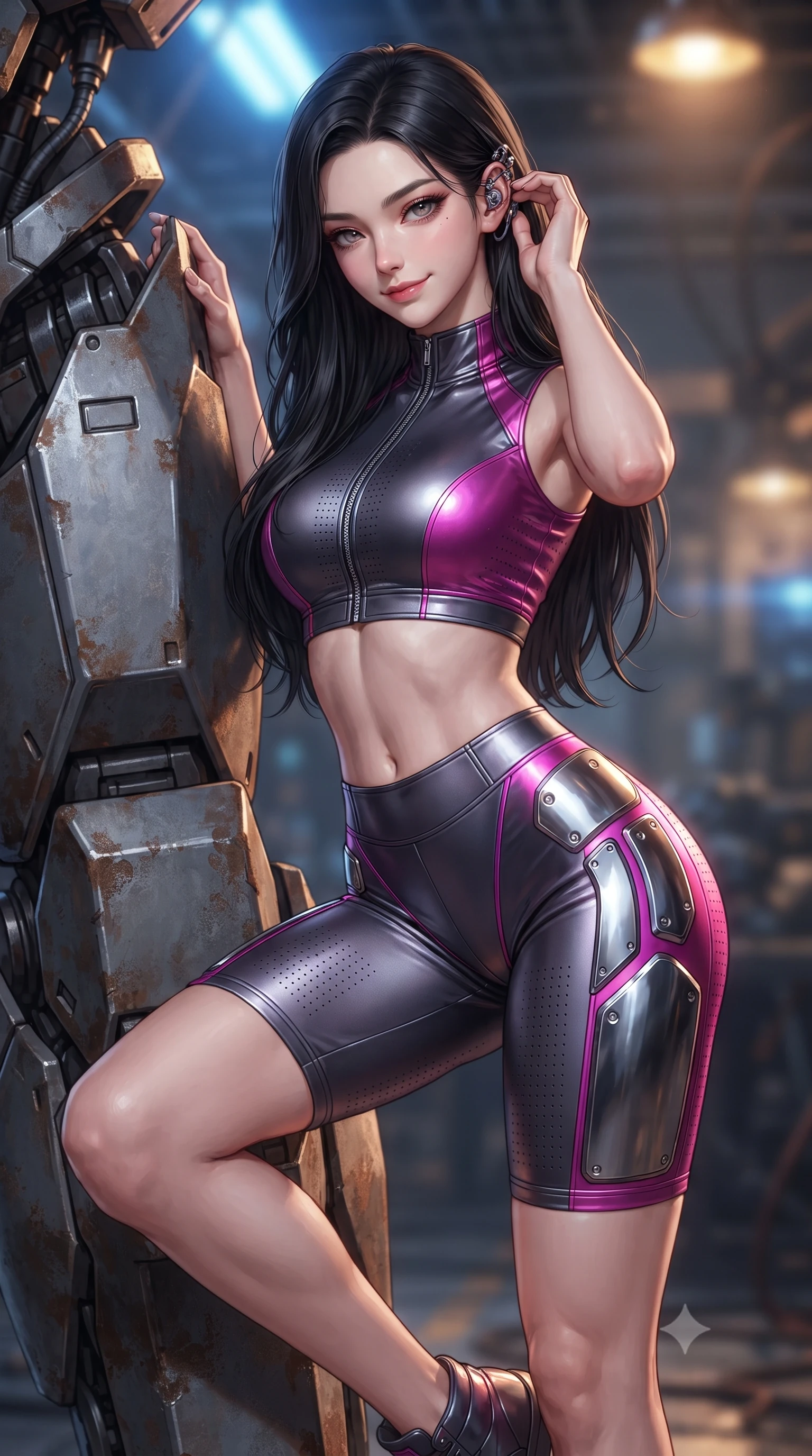 score_9, masterpiece, best quality, ultra-detailed, high-budget anime keyframe, editorial fashion photography, tasteful artistic composition, Korean woman. close-up cowboy shot from the waist and thighs up, the character dominates the composition, filling the frame with her large presence. tilting her head with a captivating smile while arching her spine with dancer poise, one hand adjusting her ear comm-link in a flirtatious S-curve while leaning against the heavy armored mech shin plate with one leg bent, displaying her long slender limbs and toned midriff with majestic grace. The background shows a soft-focus the colossal 50-meter steel mech skeleton and soaring hangar crane trusses blurred into industrial gunmetal, amber, and welding blue bokeh. She has an exceptionally elegant, slender, and willowy female figure with an ultra-slim waist, flat toned midriff, narrow ribcage, and sculpted feminine hips creating an alluring, slim hourglass silhouette without bulk. sharp v-shaped jawline, high-bridge nose, intricate jewel-like sparkling eyes with depth, thick eyelashes, glossy parted lips with a natural sheen, bright confident smile with an enchanting and coquettish sensual glint, exuding both youthful magnetic charm and sovereign high-tech allure, flawlessly proportioned anatomical accuracy, strict slender model proportions, natural body alignment, perfectly sculpted long slender limbs, ultra-slim waistline, clean dynamic posture without body distortion. wearing a sleek two-piece combat athletic set with a zip-front mock-neck crop top and contouring biker shorts hugging her curvy hips in deep titanium gunmetal and radiant magenta neon, made of high-grade ballistic nylon with precision laser-cut perforations, accented with strategically placed chrome armor plate guards covering key curves, the liquid-tight tailored fabric clinging flawlessly to her narrow waist and rounded feminine hips, emphasizing every millimeter of her sculpted slim hourglass curves without any bulky heaviness. bathed in high-intensity arc-welding blue light pulses contrasting with warm halogen overhead lamps. ultra-reflective glossy finish, specular highlights, rich textural contrasts, high-contrast stereoscopic depth, volumetric dynamic lighting, 2k, ultra detail, master piece, 9:16 ratio