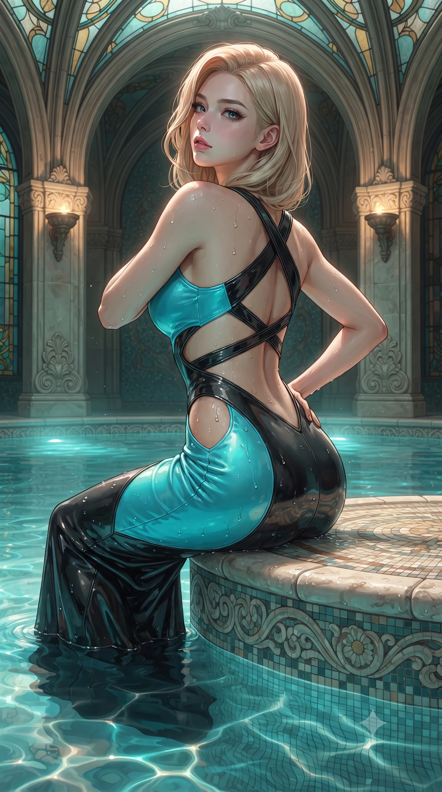 score_9, masterpiece, best quality, ultra-detailed, high-budget anime keyframe, editorial fashion photography, tasteful artistic composition, Korean woman. close-up cowboy shot from the waist and thighs up, the character dominates the composition, filling the frame with her large presence. tilting her chin up with proud, sovereign allure while gazing through thick eyelashes, one hand resting on her waist in pure supermodel charisma while sitting on the carved mosaic rim of a thermal mineral pool beneath soaring Art Nouveau arches, water droplets beading on her curvy hips as she looks back. The surrounding environment is rendered in vivid detail and crisp panoramic clarity. detailed mineral pool ripple caustics, wet fabric sheen, and stained-glass lead lines in high clarity. She has an exceptionally elegant, slender, and willowy female figure with an ultra-slim waist, flat toned midriff, narrow ribcage, and sculpted feminine hips creating an alluring, slim hourglass silhouette without bulk. sharp v-shaped jawline, high-bridge nose, intricate jewel-like eyes with depth, thick eyelashes, glossy parted lips with a natural sheen, intensely captivating and seductive bedroom-eyes expression, flawlessly proportioned anatomical accuracy, strict slender model proportions, natural body alignment, perfectly sculpted long slender limbs, ultra-slim waistline, clean dynamic posture without body distortion. wearing a sculptured liquid-satin mermaid gown with an architectural open-waist cutout and bare spine in neon electric cyan and lacquer black, formed from supple second-skin lambskin leather with specular sheen, featuring an open-back criss-cross harness strap in dark leather, the precision-cut side openings and low-back scoop framing her graceful spine and the sensual sweep of her slim, toned hips. bathed in soft underwater turquoise pool illumination and warm golden stone sconce uplights. ultra-reflective glossy finish, specular highlights, rich textural contrasts, high-contrast stereoscopic depth, volumetric dynamic lighting, 2k, ultra detail, master piece, 9:16 ratio