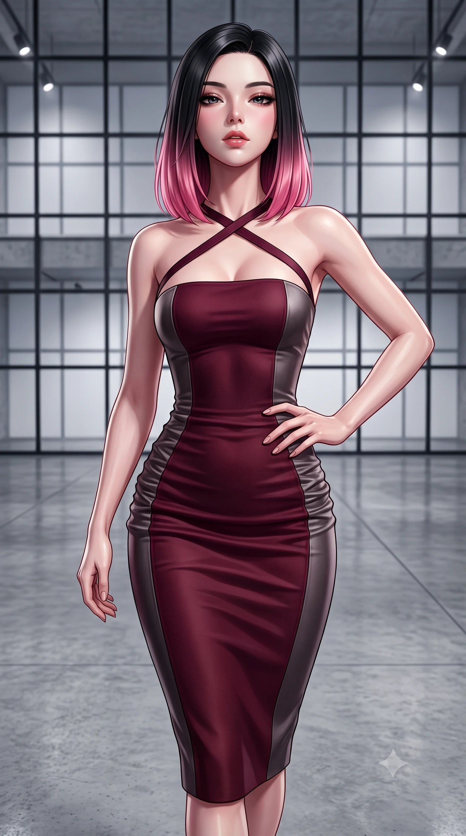 score_9, masterpiece, best quality, ultra-detailed, high-budget anime keyframe, semi-realistic 3D game render, editorial fashion photography, tasteful artistic composition, Korean woman. close-up cowboy shot from the waist and thighs up, the character dominates the composition, filling the frame with her large presence. tilting her chin up with proud, sovereign allure while gazing through thick eyelashes, one hand resting on her waist in pure supermodel charisma while striding across the polished industrial concrete floor, her sleek aerodynamic dress clinging to her narrow waist and long legs. The surrounding environment is rendered in vivid detail and crisp panoramic clarity. detailed tailored wool and silk dress texture, soft window light sheen on skin, and Bauhaus architectural grid in high clarity. She has an exceptionally elegant, slender, and willowy female figure with an ultra-slim waist, flat toned midriff, narrow ribcage, and sculpted feminine hips creating an alluring, slim hourglass silhouette without bulk. sharp v-shaped jawline, high-bridge nose, intricate jewel-like eyes with depth, thick eyelashes, glossy parted lips with a natural sheen, intensely captivating and seductive bedroom-eyes expression, flawlessly proportioned anatomical accuracy, strict slender model proportions, natural body alignment, perfectly sculpted long slender limbs, ultra-slim waistline, clean dynamic posture without body distortion. wearing an ultra-fitted strapless bustier midi dress with side hip ruching and exposed spine in deep wine burgundy and brushed dark platinum, tailored from water-resistant treated wool gabardine and flexible stretch silk, featuring an open-back criss-cross harness strap in dark leather, the form-contouring material adhering flawlessly to her sculpted flat midriff and slender torso, emphasizing her long leg lines and perfectly proportioned willowy build. illuminated by subtle architectural spotlighting sharply defining her sculpted cheekbones, ultra-slim waist, and curvy hips. highly saturated vibrant anime colors, detailed shading with soft gradients, rich glossy textures, high-contrast stereoscopic depth, volumetric dynamic lighting, master piece, 9:16 ratio