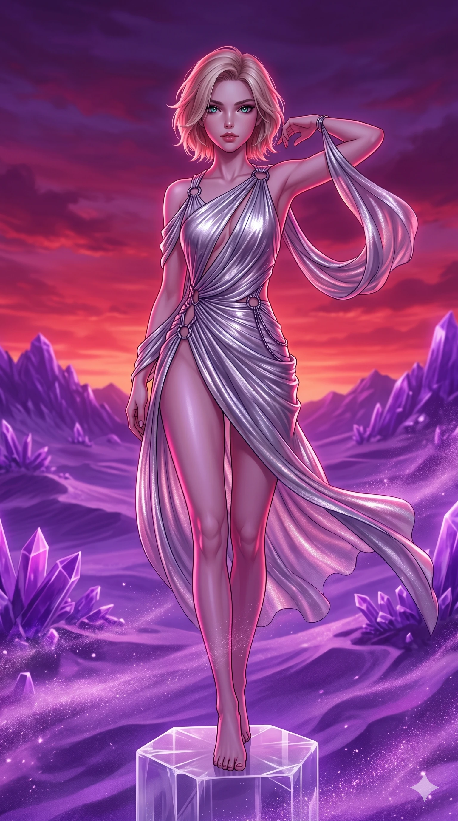 score_9, masterpiece, best quality, ultra-detailed, high-budget anime keyframe, Japanese woman. upper body close-up from the thighs up, character filling the screen for maximum presence. standing atop a transparent salt crystal tower in a purple crystalline desert as winds blow shimmering purple dust under a crimson sunset. She has an absolutely perfect 8-heads proportion, an exceptionally tall and slender female figure with impossibly long slender legs and an ultra-slim waist. V-shaped jawline, high-bridge nose, intricate jewel-like eyes with depth, thick eyelashes, glossy lips with a natural sheen.. wearing a draped Grecian cyber-gown, featuring draped silver metallic chiffon held by metal ring hardware, displaying a high-leg line. bathed in brilliant cinematic volumetric lighting and intense neon rim light highlighting her slender form. 2k, ultra detail, master piece, 9:16 ratio
