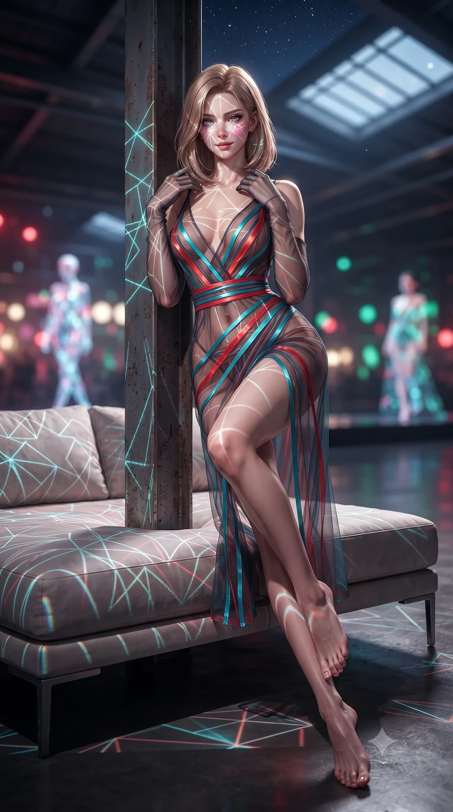 score_9, masterpiece, best quality, ultra-detailed, high-budget anime keyframe, editorial fashion photography, tasteful artistic composition, Korean woman. low angle full-body shot from head to toe showing her feet, filling the entire 9:16 vertical frame with her statuesque presence, stretching her vertical silhouette. lounging on the lavish daybed with legs crossed and hips angled toward the camera, displaying her toned midriff and long slender limbs with effortless siren poise while leaning against the raw steel support column with hips cocked back, looking through geometric laser projections with intoxicating bedroom-eyes. The background shows a soft-focus floating geometric laser grids, holographic runway model projections, and industrial warehouse skylights under starlight blurred into ruby, platinum, and emerald bokeh. She has an exceptionally tall and slender model-like 8.5-heads proportion, an ultra-slim waist, a flat toned midriff, narrow delicate ribcage, and beautifully sculpted feminine hips creating a graceful, slim hourglass silhouette without any bulky heaviness, with impossibly long slender legs. sharp v-shaped jawline, high-bridge nose, intricate jewel-like sparkling eyes with depth, thick eyelashes, glossy parted lips with a natural peach sheen, bright cheerful beaming smile with an enchanting and coquettish sensual glint, exuding both youthful cute charm and seductive allure, flawlessly proportioned anatomical accuracy, strict slender model proportions, natural body alignment, perfectly sculpted long slender limbs, ultra-slim waistline, clean dynamic posture without body distortion. wearing a plunge-front sheer illusion tulle slip dress with liquid platinum ribbon stripes hugging her curves in cyber-shinto vermilion and electric teal, made of sheer gossamer chiffon that drapes softly against skin with airy translucence, complemented by sheer opera-length evening gloves tracing her slender arms, the form-contouring silhouette accentuating her sculpted flat midriff, narrow delicate ribcage, and gracefully curvy hips with intoxicating allure. illuminated by epoxy floor reflection bounce and sharp platinum rim lights sculpting her jawline, narrow waist, and curvy hips. ultra-reflective glossy finish, specular highlights, rich textural contrasts, high-contrast stereoscopic depth, volumetric dynamic lighting, 2k, ultra detail, master piece, 9:16 ratio
