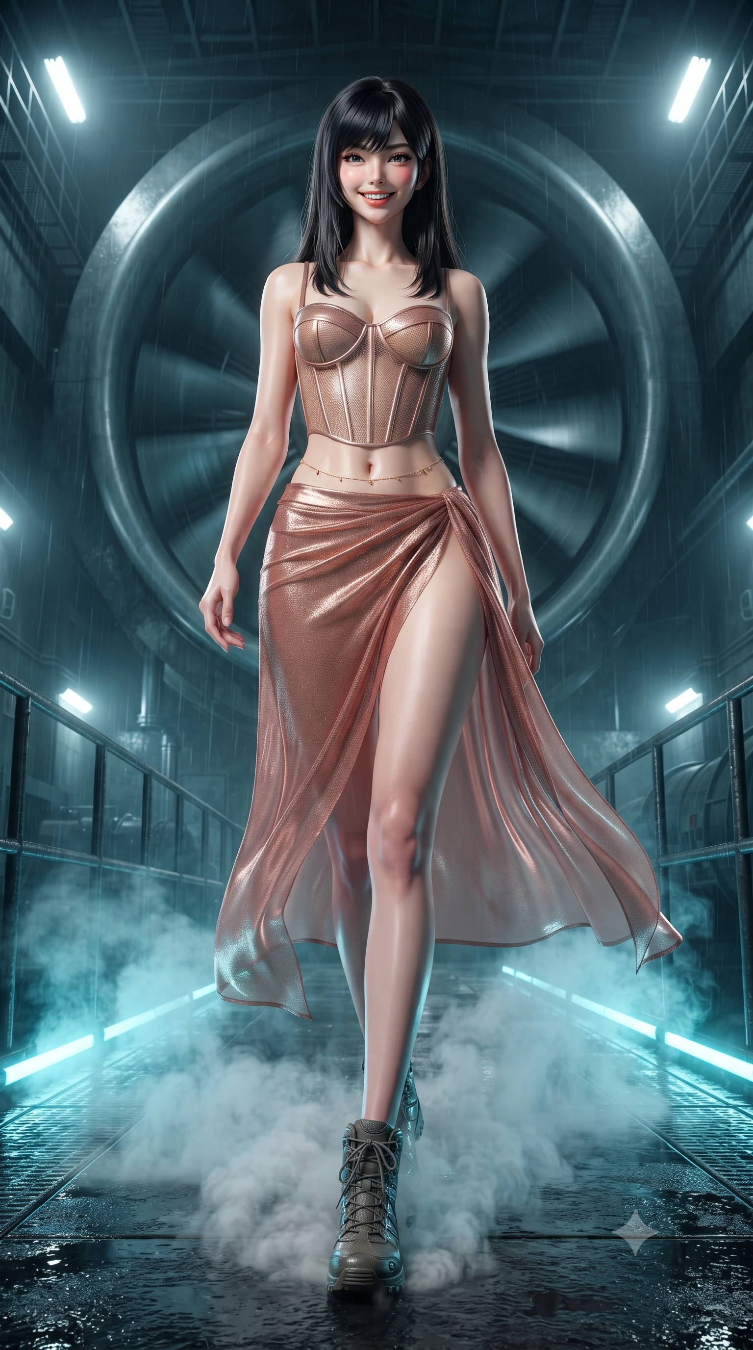 score_9, masterpiece, best quality, ultra-detailed, high-budget anime keyframe, editorial fashion photography, tasteful artistic composition, Caucasian woman. low angle full-body shot from head to toe showing her feet, filling the entire 9:16 vertical frame with her statuesque presence, stretching her vertical silhouette. stepping forward in a confident stride, her long slender legs and curvaceous hips creating a dynamic, sweeping vertical line while standing poised on the wet black basalt walkway beside the colossal spinning cooling turbine, arching her spine with tactical warrior grace as dense mineral steam swirls around her boots. The surrounding environment is rendered in vivid detail and crisp panoramic clarity: detailed tactical flight bodysuit lines, sleek wet-look sheen, and monumental energy facility engineering in high resolution. She has an exceptionally tall and slender model-like 8.5-heads proportion, an ultra-slim waist, a flat toned midriff, narrow delicate ribcage, and beautifully sculpted feminine hips creating a graceful, slim hourglass silhouette without any bulky heaviness, with impossibly long slender legs. sharp v-shaped jawline, high-bridge nose, intricate jewel-like sparkling eyes with depth, thick eyelashes, glossy parted lips with a natural peach sheen, bright cheerful beaming smile with an enchanting and coquettish sensual glint, exuding both youthful cute charm and seductive allure, flawlessly proportioned anatomical accuracy, strict slender model proportions, natural body alignment, perfectly sculpted long slender limbs, ultra-slim waistline, clean dynamic posture without body distortion. wearing a provocative translucent mesh corset bodice with boned satin channels paired with a sheer chiffon wrap maxi skirt in high-gloss rose-gold and burnished copper, tailored from high-density tech-wool with subtle metallic thread weave, accented with a dainty gold belly chain resting across her flat midriff and curving hips, the bespoke structured tailoring following the natural line of her 8.5-heads silhouette with refined elegance. bathed in electric-cyan floor LED guide lights mixed with cold ambient 6000K turbine spotlights. ultra-reflective glossy finish, specular highlights, rich textural contrasts, high-contrast stereoscopic depth, volumetric dynamic lighting, 2k, ultra detail, master piece, 9:16 ratio