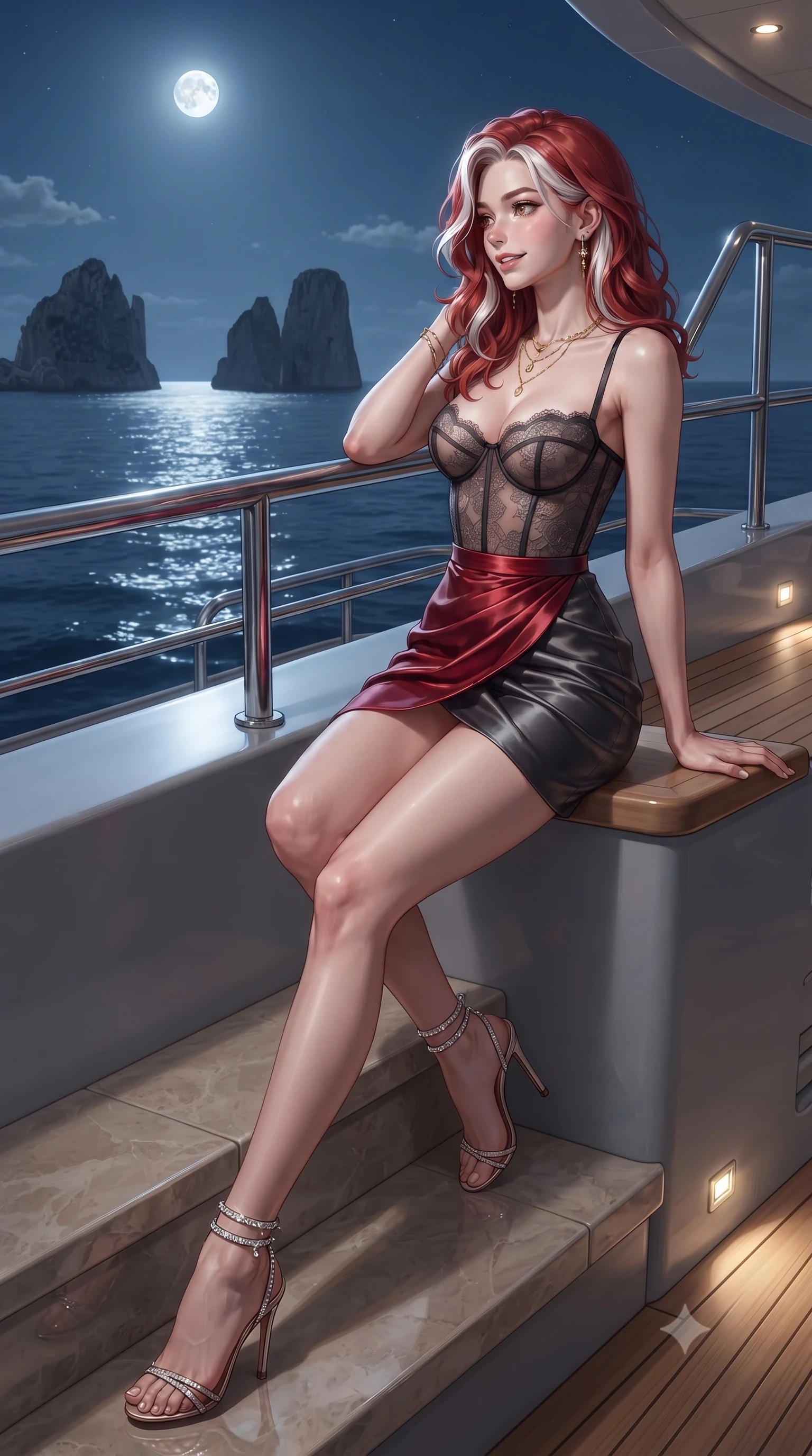 score_9, masterpiece, best quality, ultra-detailed, high-budget anime keyframe, editorial fashion photography, tasteful artistic composition, Caucasian woman. low angle full-body shot from head to toe showing her feet, filling the entire 9:16 vertical frame with her statuesque presence, stretching her vertical silhouette. sitting poised on the stone steps with one knee bent, arching her spine with supermodel elegance as she glances upward through thick eyelashes while leaning against the stainless-steel deck railing with hips cocked back, looking over a bare shoulder toward the moonlit Faraglioni sea stacks. The surrounding environment is rendered in vivid detail and crisp panoramic clarity: detailed plunging cowl-neck silk satin gown drape, gold jewelry sparkle, and modern naval architecture in razor-sharp precision. She has an absolutely perfect, statuesque 8.5-heads proportion, an exceptionally tall and slender model-like female figure with impossibly long slender legs, an ultra-slim waist, a flat toned midriff, narrow delicate ribcage, and beautifully sculpted feminine hips creating a graceful, slim hourglass silhouette without any bulky heaviness. sharp v-shaped jawline, high-bridge nose, sparkling eyes with hypnotic seductive depth, thick curled eyelashes, glossy parted lips with a natural dewy peach sheen, alluring bedroom-eyes with an enchanting coquettish smile, exuding magnetic siren charisma and sophisticated glamour, flawlessly proportioned anatomical accuracy, strict slender model proportions, natural body alignment, perfectly sculpted long slender limbs, ultra-slim waistline, clean dynamic posture without body distortion. wearing a sculpted underwire demi-bustier in semi-sheer lace paired with an ultra-short draped tulip skirt in rich cherry lacquer and smoky charcoal, crafted from fluid liquid silk satin that clings smoothly to every curve with a dewy sheen, complemented by strappy stiletto sandals with crystal ankle wraps accentuating her slender calves, the liquid-tight tailored fabric clinging flawlessly to her narrow waist and rounded feminine hips, emphasizing every millimeter of her sculpted slim hourglass curves without any bulky heaviness. bathed in brilliant pure silver moonlight reflecting off the Mediterranean Sea paired with warm teak deck downlights. ultra-reflective glossy finish, specular highlights, rich textural contrasts, high-contrast stereoscopic depth, volumetric dynamic lighting, 2k, ultra detail, master piece, 9:16 ratio