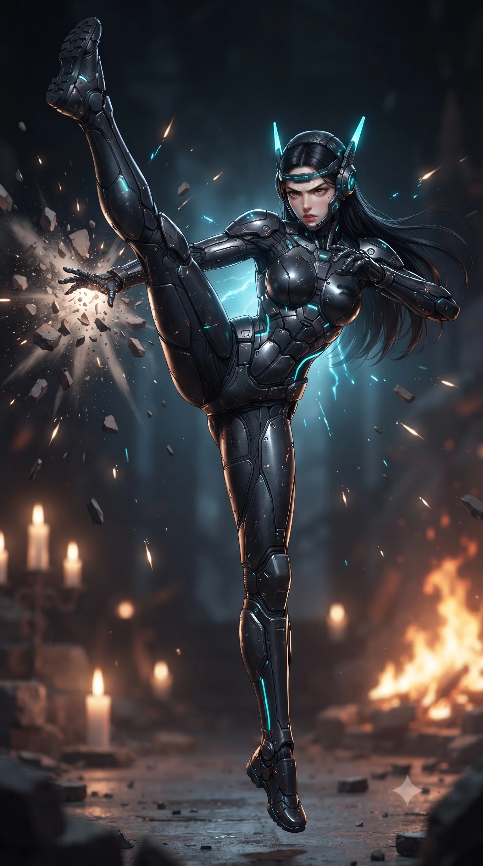 score_9, masterpiece, best quality, ultra-detailed, high-budget anime keyframe, editorial fashion photography, tasteful artistic composition, Korean woman. low angle full-body shot from head to toe showing her feet, filling the entire 9:16 vertical frame with her statuesque presence, stretching her vertical silhouette. executing a breathtaking zero-gravity high-kick with full 180-degree vertical extension, her impossibly long slender legs dominating the frame with razor-sharp poise while delivering a supersonic kinetic palm strike that shatters falling masonry in a radial blast of air and dust. The composition keeps background elements in soft focus with creamy bokeh. sparks from severed high-voltage conduits scattering radiant light motes across a dark sacred battlefield. She has an absolutely perfect, statuesque 8.5-heads proportion, an exceptionally tall and slender model-like female figure with impossibly long slender legs, a toned flat midriff, and an ultra-slim waist. sharp v-shaped jawline, high-bridge nose, intricate jewel-like eyes with depth, thick eyelashes, glossy lips with a natural sheen, fierce and resolute heroine expression, flawlessly proportioned anatomical accuracy, strict slender model proportions, natural body alignment, perfectly sculpted long slender limbs, ultra-slim waistline, clean dynamic posture without body distortion. wearing a lightweight carbon-fiber tactical sensory headpiece with glowing cyan ear-antennae and an ultra-thin forehead HUD brow-band, paired with an ultra-sleek high-gloss carbon-composite exoskeleton suit featuring kinetic shock-absorbing shin guards and flexible limb articulation joints in matte battle-worn obsidian carbon with electric cyan hazard conduits, tailored from flexible second-skin ballistic carbon-mesh adhering flawlessly to her athletic build, featuring a sleek aerodynamic collar framed by subtle glowing cybernetic status LEDs, the liquid-tight tailored fabric emphasizing every curve of her tall, slender model proportions and sculptured silhouette during dynamic movement. bathed in flickering candlelight and blazing fires with cool cyan kinetic energy backlighting. ultra-reflective glossy finish, specular highlights, dark metallic sheen, high-contrast stereoscopic depth, volumetric dynamic lighting, 2k, ultra detail, master piece, 9:16 ratio
