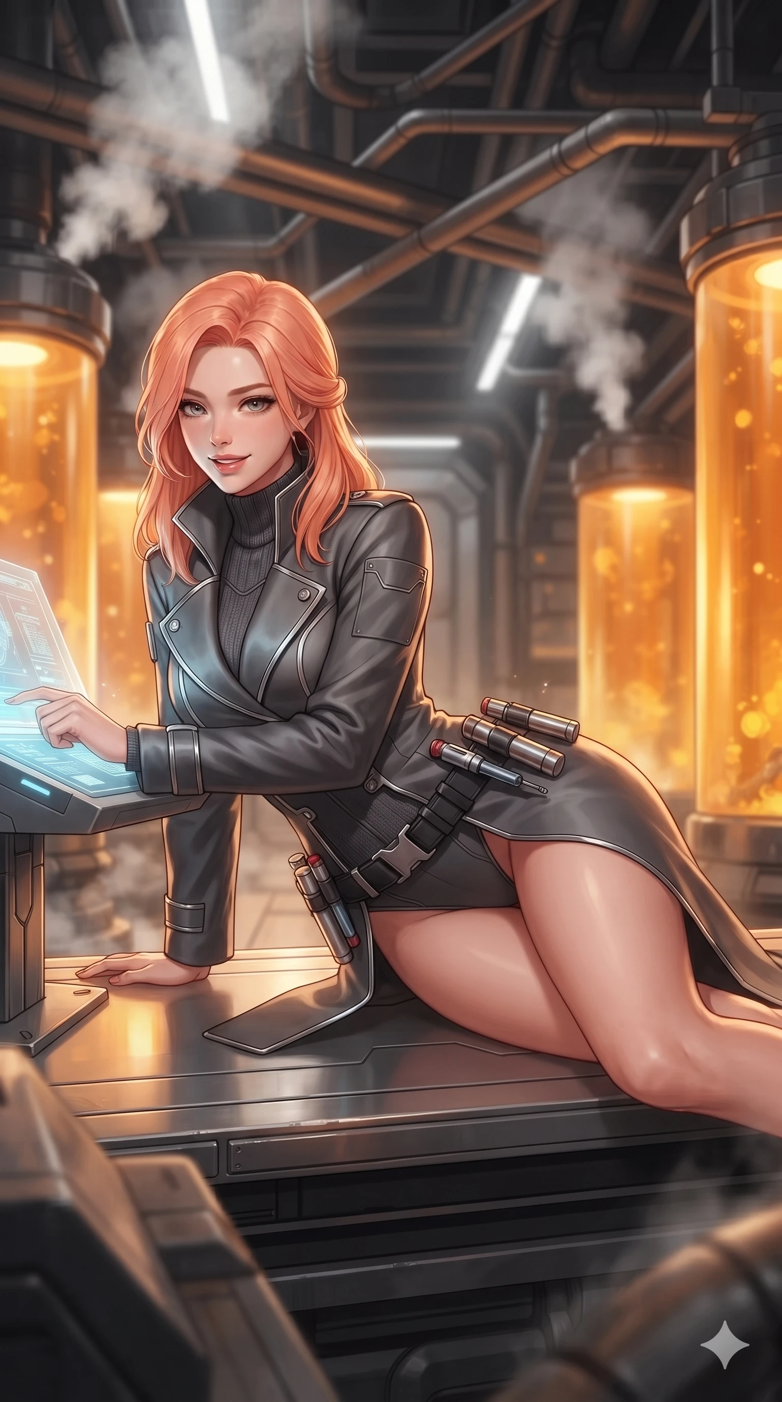 score_9, masterpiece, best quality, ultra-detailed, high-budget anime keyframe, editorial fashion photography, tasteful artistic composition, Japanese woman. close-up cowboy shot from the waist and thighs up, the character dominates the composition, filling the frame with her large presence. leaning forward over the holographic console while arching her lower back to accentuate her curvy hips, looking into the camera with an intoxicating smoldering bedroom-gaze while reclining gracefully on an elevated maintenance platform propped on one elbow with legs extended, radiating sovereign sci-fi allure. The background shows a soft-focus towering amber coolant fluid cylinders, criss-crossing overhead piping networks, and venting white steam plumes blurred into amber, cream, and charcoal bokeh. She has an exceptionally elegant, slender, and willowy female figure with an ultra-slim waist, flat toned midriff, narrow ribcage, and sculpted feminine hips creating an alluring, slim hourglass silhouette without bulk. sharp v-shaped jawline, high-bridge nose, intricate jewel-like sparkling eyes with depth, thick eyelashes, glossy parted lips with a natural sheen, bright confident smile with an enchanting and coquettish sensual glint, exuding both youthful magnetic charm and sovereign high-tech allure, flawlessly proportioned anatomical accuracy, strict slender model proportions, natural body alignment, perfectly sculpted long slender limbs, ultra-slim waistline, clean dynamic posture without body distortion. wearing a structured aerospace commander greatcoat layered over an armored high-neck knit underlayer in charcoal grey and polished chrome, tailored from brushed aeronautical titanium alloy with matte satin sheen, accented with a sleek utility belt with polished magnetic canisters resting loosely on her curvy hips, the bespoke structured tailoring following the natural line of her 8.5-heads silhouette with refined elegance. bathed in the warm luminous glow emanating from within the amber coolant columns mixed with crisp overhead white floodlights. ultra-reflective glossy finish, specular highlights, rich textural contrasts, high-contrast stereoscopic depth, volumetric dynamic lighting, 2k, ultra detail, master piece, 9:16 ratio