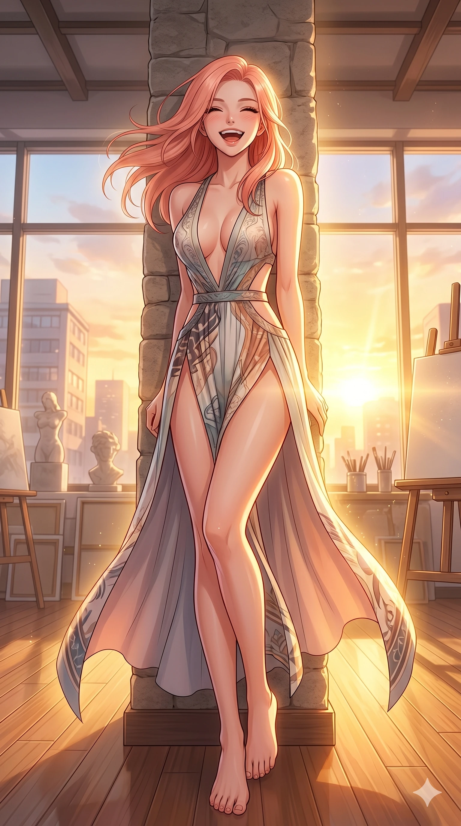 score_9, masterpiece, best quality, ultra-detailed, high-budget anime keyframe, vibrant anime aesthetic, Japanese woman. low angle full-body shot from head to toe showing her feet, filling the entire 9:16 vertical frame with her statuesque presence, stretching her vertical silhouette. She is leaning against a stone pillar, casting a bright, wind-swept laugh at the lens inside a bright art atelier with large display windows (Code-P20-060). She has an absolutely perfect 8-heads proportion, an exceptionally tall and slender female figure with impossibly long slender legs and an ultra-slim waist. V-shaped jawline, high-bridge nose, intricate jewel-like eyes with depth, thick eyelashes, glossy lips with a natural sheen. wearing a high-slit resort dress with a plunging neckline and side cut-outs. She is glowing with warm sunset light radiating from the horizon, casting a golden aura. 2k, ultra detail, master piece, 9:16 ratio