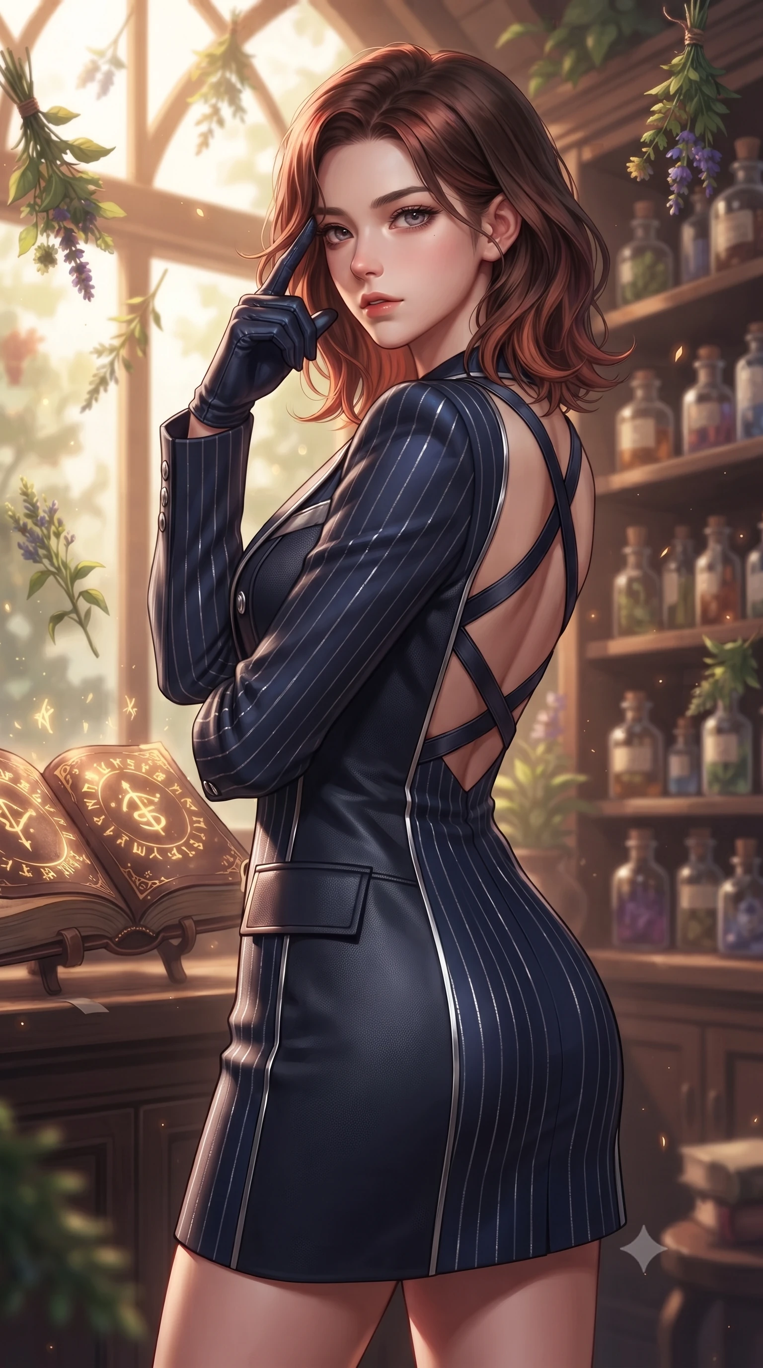 score_9, masterpiece, best quality, ultra-detailed, high-budget anime keyframe, editorial fashion photography, tasteful artistic composition, Korean woman. close-up cowboy shot from the waist and thighs up, the character dominates the composition, filling the frame with her large presence, background elements kept in soft focus. Pressing two fingers to her temple in a composed thoughtful gesture with an air of magnetic charisma standing in a sunlit apothecary greenhouse filled with floating magical herbs, leather-bound grimoires with glowing gold arcane runes open nearby. She has an exceptionally elegant, slender, and willowy female figure with an ultra-slim waist, a gracefully sculpted slender torso, and a refined silhouette. sharp v-shaped jawline, high-bridge nose, intricate jewel-like eyes with depth, thick eyelashes, glossy lips with a natural sheen. wearing a double-breasted blazer dress with metallic pin-stripes in midnight navy blue and chrome trim, made of fine carbon-fiber weave and soft matte leather, complemented by criss-cross back straps highlighting her bare shoulders, the glove-like fit emphasizing her statuesque silhouette. surrounded by a cozy, magical atmosphere with rich warm tones. highly saturated vibrant anime colors, detailed shading with soft gradients, rich glossy textures, high-contrast stereoscopic depth, volumetric dynamic lighting, master piece, 9:16 ratio