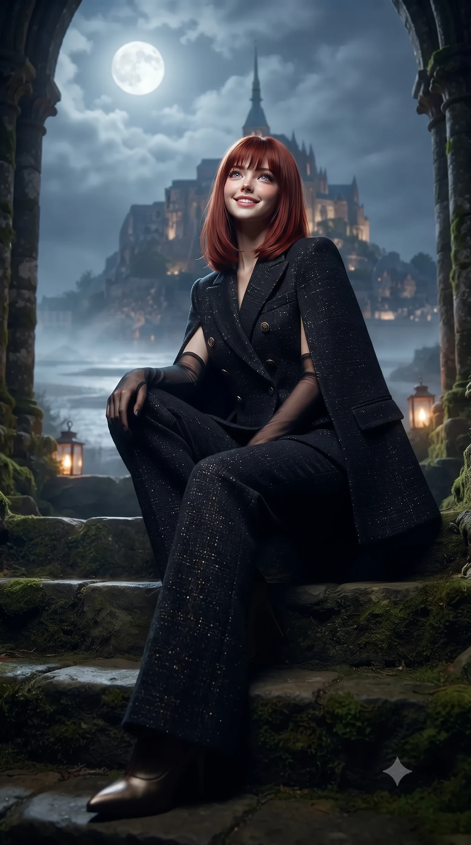 score_9, masterpiece, best quality, ultra-detailed, high-budget anime keyframe, editorial fashion photography, tasteful artistic composition, Caucasian woman. low angle full-body shot from head to toe showing her feet, filling the entire 9:16 vertical frame with her statuesque presence, stretching her vertical silhouette. sitting poised on the stone steps with one knee bent, arching her spine with supermodel elegance as she glances upward through thick eyelashes while standing centered in the secluded open-air medieval cloister garden suspended 80 meters above the bay, arching her lower back with sovereign diva charisma as the abbey spire pierces the moonlit clouds. The background shows a soft-focus swirling coastal sea mist softened in sacred gothic abbey sanctuary shallow focus. She has an exceptionally tall and slender model-like 8.5-heads proportion, an ultra-slim waist, a flat toned midriff, narrow delicate ribcage, and beautifully sculpted feminine hips creating a graceful, slim hourglass silhouette without any bulky heaviness, with impossibly long slender legs. sharp v-shaped jawline, high-bridge nose, intricate jewel-like sparkling eyes with depth, thick eyelashes, glossy parted lips with a natural peach sheen, bright cheerful beaming smile with an enchanting and coquettish sensual glint, exuding both youthful cute charm and seductive allure, flawlessly proportioned anatomical accuracy, strict slender model proportions, natural body alignment, perfectly sculpted long slender limbs, ultra-slim waistline, clean dynamic posture without body distortion. wearing a tailored Scottish Harris tweed double-breasted cape coat paired with wide-leg tailored wool trousers in deep midnight obsidian black and champagne gold, woven from structured British tweed with subtle metallic flecks, complemented by sheer opera-length evening gloves tracing her slender arms, the bespoke structured tailoring following the natural line of her 8.5-heads silhouette with refined elegance. bathed in the mystical silver 5200K illumination of the full moon reflected across tidal sands mixed with soft amber cloister lanterns. ultra-reflective glossy finish, specular highlights, rich textural contrasts, high-contrast stereoscopic depth, volumetric dynamic lighting, 2k, ultra detail, master piece, 9:16 ratio
