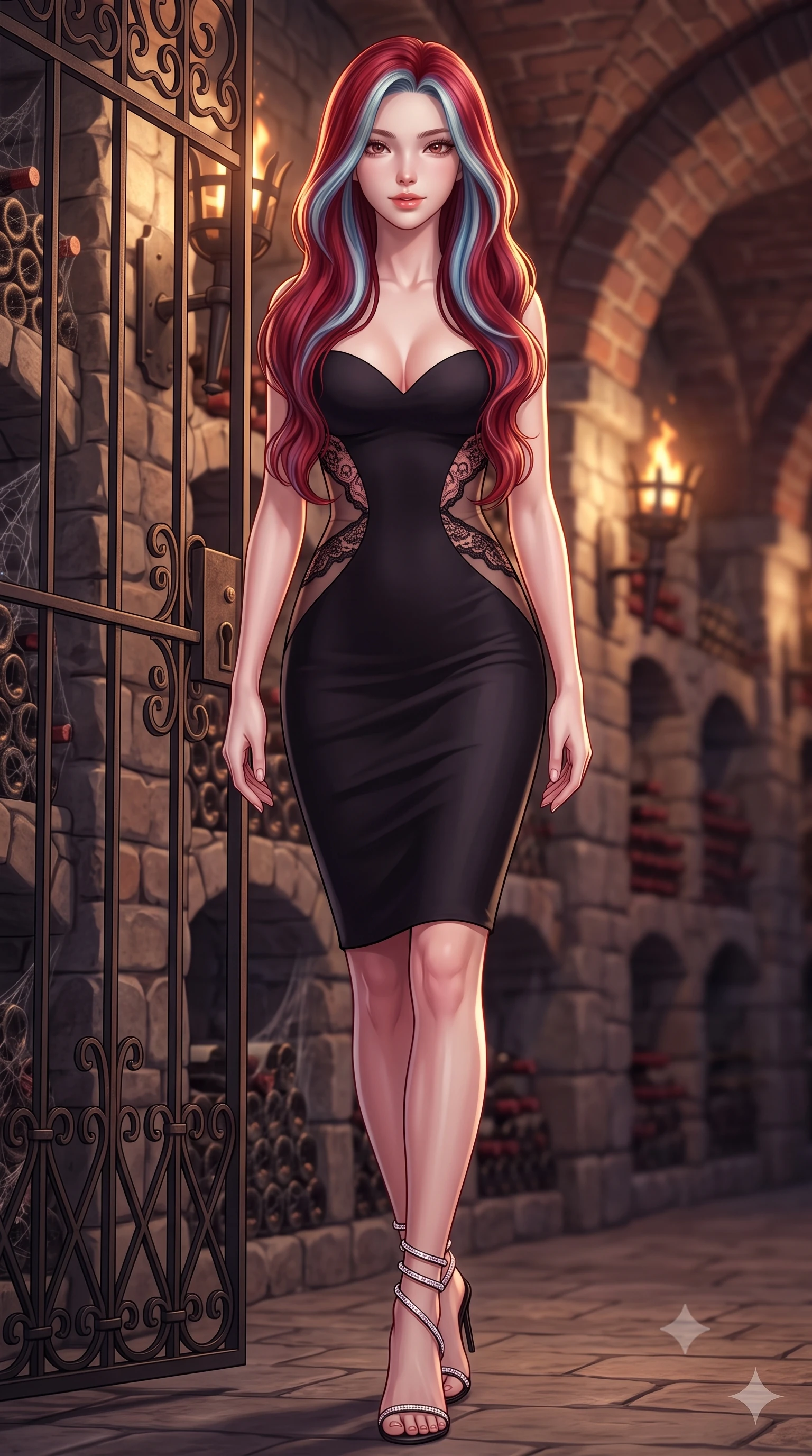 score_9, masterpiece, best quality, ultra-detailed, high-budget anime keyframe, semi-realistic 3D game render, editorial fashion photography, tasteful artistic composition, Caucasian woman. low angle full-body shot from head to toe showing her feet, filling the entire 9:16 vertical frame with her statuesque presence, stretching her vertical silhouette. stepping slowly toward the camera with hypnotic grace, hips swaying in an alluring sensual rhythm that accentuates her curvy hourglass silhouette and long slender legs while twisting her slender torso in an alluring contrapposto pose beside the wrought-iron wine gate, torches casting long shadows across her curves. The background shows a soft-focus rows of cobwebbed wine bottles in stone alcoves, flickering iron wall braziers, and vaulted brick arches blurred into burgundy, bronze, and charcoal bokeh. She has an absolutely perfect, statuesque 8.5-heads proportion, an exceptionally tall and slender model-like female figure with impossibly long slender legs, an ultra-slim waist, a flat toned midriff, narrow delicate ribcage, and beautifully sculpted feminine hips creating a graceful, slim hourglass silhouette without any bulky heaviness. sharp v-shaped jawline, high-bridge nose, sparkling eyes with hypnotic seductive depth, thick curled eyelashes, glossy parted lips with a natural dewy peach sheen, alluring bedroom-eyes with an enchanting coquettish smile, exuding magnetic siren charisma and sophisticated glamour, flawlessly proportioned anatomical accuracy, strict slender model proportions, natural body alignment, perfectly sculpted long slender limbs, ultra-slim waistline, clean dynamic posture without body distortion. wearing a deep sweetheart-neckline matte-black bodycon dress with sheer side-torso cutouts accentuating her hourglass curves in dusky blush rose and antique black lace, made of semi-opaque stretch illusion mesh with soft shadowy contours, complemented by strappy stiletto sandals with crystal ankle wraps accentuating her slender calves, the liquid-tight tailored fabric clinging flawlessly to her narrow waist and rounded feminine hips, emphasizing every millimeter of her sculpted slim hourglass curves without any bulky heaviness. illuminated by wine puddle specular bounce and sharp warm-amber rim lights sculpting her jawline, flat midriff, and voluptuous hip curves. highly saturated vibrant anime colors, detailed shading with soft gradients, rich glossy textures, high-contrast stereoscopic depth, volumetric dynamic lighting, master piece, 9:16 ratio
