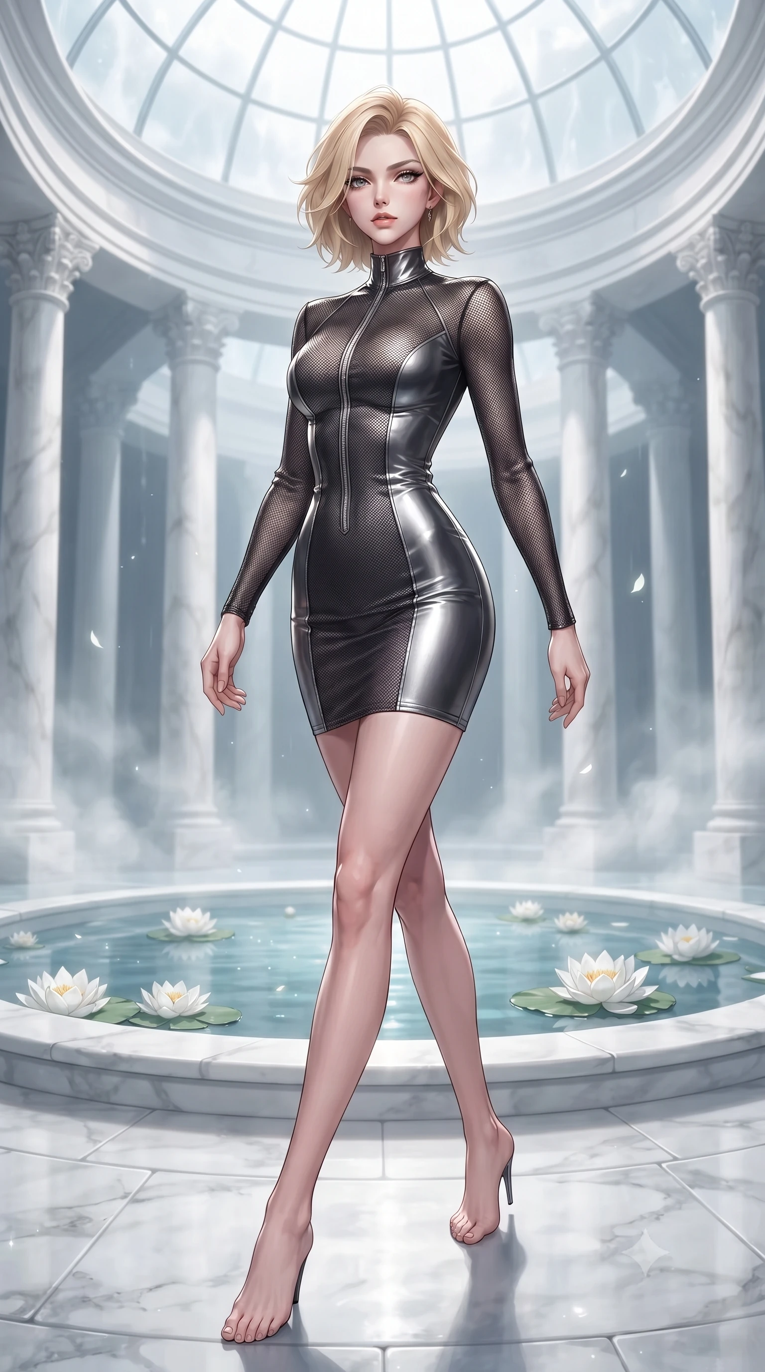score_9, masterpiece, best quality, ultra-detailed, high-budget anime keyframe, editorial fashion photography, tasteful artistic composition, Caucasian woman. low angle full-body shot from head to toe showing her feet, filling the entire 9:16 vertical frame with her statuesque presence, stretching her vertical silhouette. navigating the private sanctuary with an effortless, graceful stride, standing beside a white marble pool floating with white lotus blossoms under a glass dome, alabaster columns framed by gentle water vapor in soft background focus. She has an absolutely perfect, statuesque 8.5-heads proportion, an exceptionally tall and slender model-like female figure with impossibly long slender legs and an ultra-slim waist. sharp v-shaped jawline, high-bridge nose, intricate jewel-like eyes with depth, thick eyelashes, glossy lips with a natural sheen. wearing aerodynamic second-skin dark silver metallic bodycon dress in pitch-black onyx, made of fine dark contouring mesh, finished with metallic silver boning and sleek zipper points, following her slender form with tailored precision. bathed in subtle lotus bioluminescence and bright marble highlights. ultra-reflective glossy finish, specular highlights, metallic sheen, high-contrast stereoscopic depth, volumetric dynamic lighting, 2k, ultra detail, master piece, 9:16 ratio