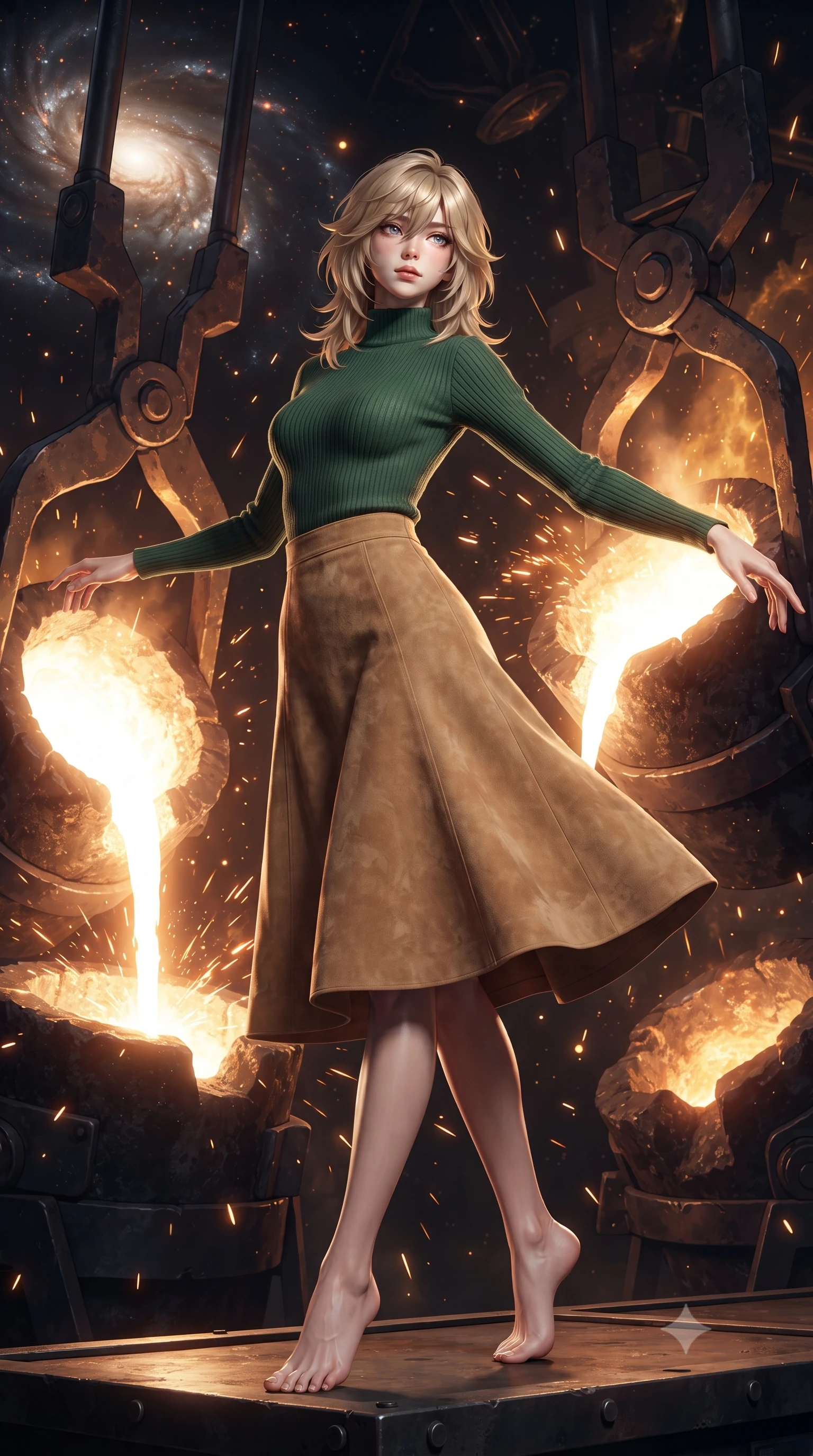 score_9, masterpiece, best quality, ultra-detailed, high-budget anime keyframe, editorial fashion photography, tasteful artistic composition, Japanese woman. low angle full-body shot from head to toe showing her feet, filling the entire 9:16 vertical frame with her statuesque presence, stretching her vertical silhouette. twirling with balletic elegance inside a cosmic smithy where new stars are forged in massive crucibles of dark matter molten stellar material glowing white-hot as it is poured into celestial molds by gravitational tongs sparks of nuclear fusion flying. She has a statuesque 8.5-heads proportion, an exceptionally tall, slender and willowy model-like build with impossibly long legs and a highly sculpted ultra-slim waist. sharp v-shaped jawline, high-bridge nose, intricate jewel-like eyes with depth, thick eyelashes, glossy lips with a natural sheen. wearing a high-neck forest green ribbed long-sleeve top paired with a tan suede A-line midi skirt. intense white-hot forge light from the molten star material creating extreme high-contrast illumination with deep orange and gold secondary glow from cooling stellar slag. 2k, ultra detail, master piece, 9:16 ratio