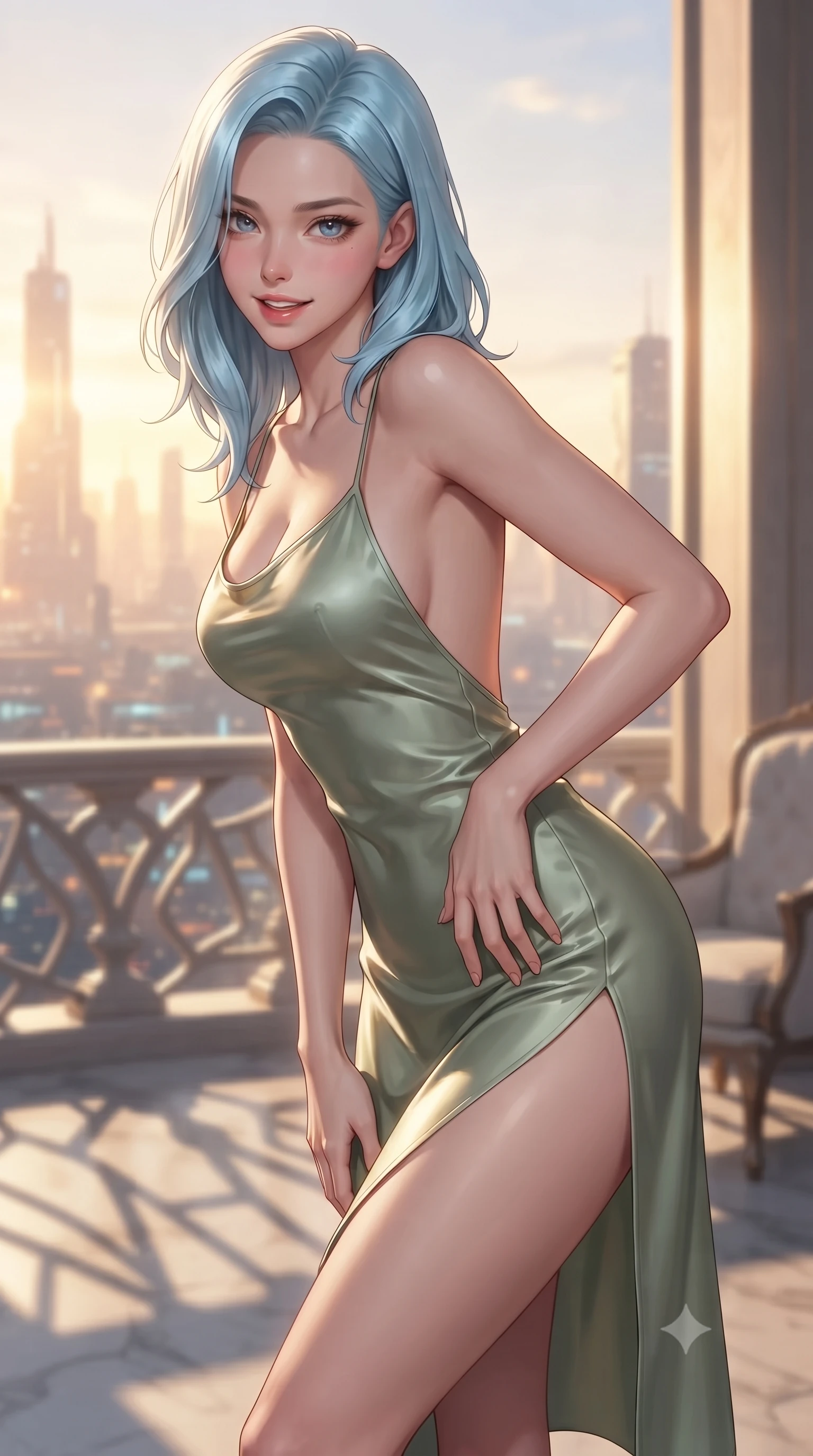 score_9, masterpiece, best quality, ultra-detailed, high-budget anime keyframe, editorial fashion photography, tasteful artistic composition, Korean woman. close-up cowboy shot from the waist and thighs up, the character dominates the composition, filling the frame with her large presence, background elements kept in soft focus. leaning slightly forward with a playful, teasing smile, her gaze locked onto the viewer with lips parted in a composed pose, the background shows a soft-focus a lounge balcony window overlooking a futuristic skyline at golden hour. She has an exceptionally elegant, slender, and willowy female figure with an ultra-slim waist, a gracefully sculpted slender torso, and a refined silhouette. sharp v-shaped jawline, high-bridge nose, intricate jewel-like eyes with depth, thick eyelashes, glossy lips with a natural sheen. wearing a slim-fit lightweight silk combat slip dress in sage green, featuring a high side slit and a low-cut back. golden hour sunset light casting long geometric frame shadow lines. ultra-reflective glossy finish, specular highlights, metallic sheen, high-contrast stereoscopic depth, volumetric dynamic lighting, 2k, ultra detail, master piece, 9:16 ratio