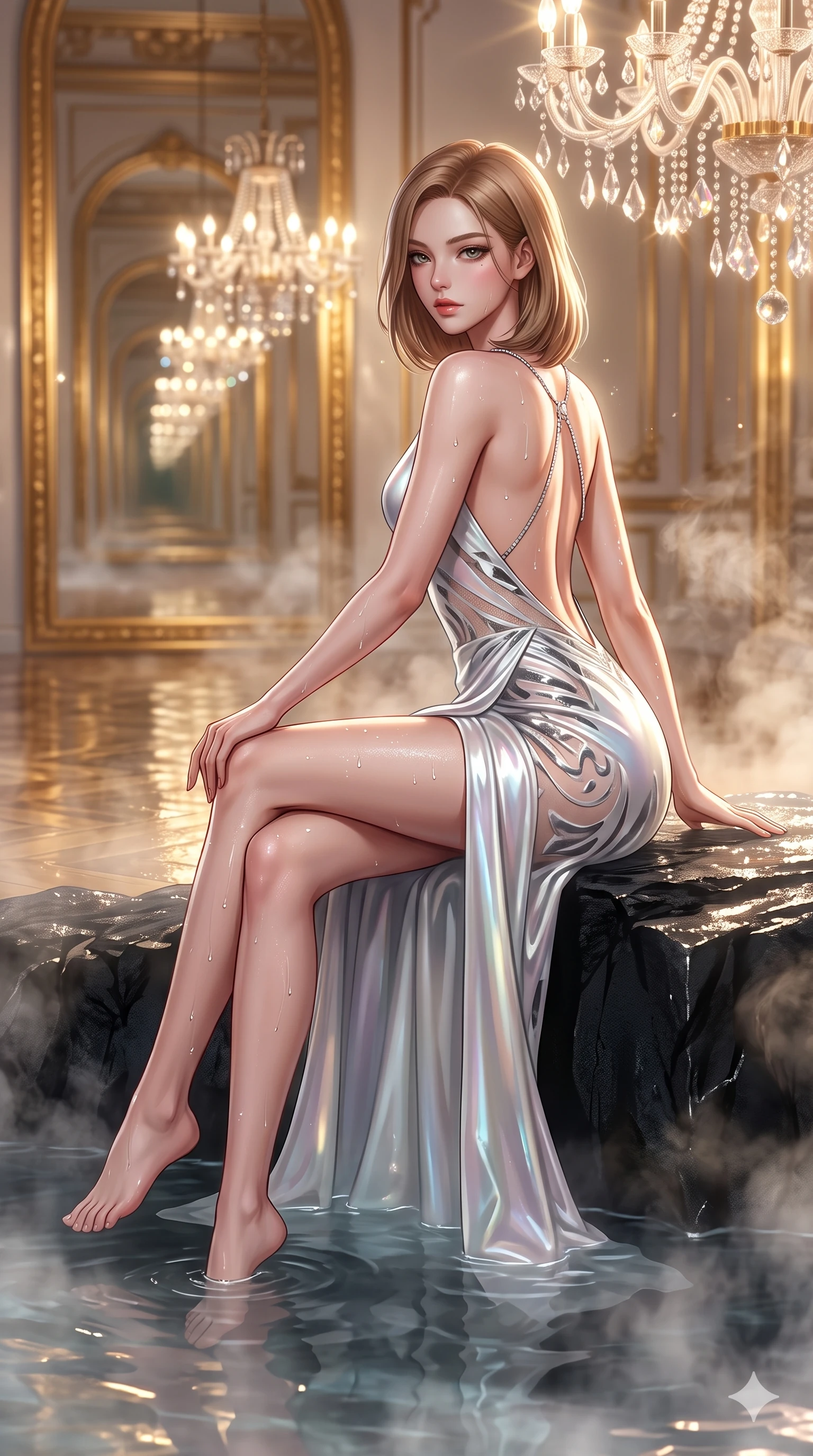 score_9, masterpiece, best quality, ultra-detailed, high-budget anime keyframe, semi-realistic 3D game render, editorial fashion photography, tasteful artistic composition, Korean woman. low angle full-body shot from head to toe showing her feet, filling the entire 9:16 vertical frame with her statuesque presence, stretching her vertical silhouette. sitting on the black basalt rock rim of the steaming geothermal lagoon, water droplets beading on her flat midriff and curvy hips while twisting her slender torso in an alluring contrapposto stance, crystal sconce refractions and gilded frame reflections tracing her flat midriff and hourglass curves. The background shows a soft-focus infinite receding gilded mirror reflections, multi-tiered crystal chandeliers, and polished parquet flooring blurred into gold, crystal, and champagne bokeh. She has an exceptionally tall and slender model-like 8.5-heads proportion, an ultra-slim waist, a flat toned midriff, narrow delicate ribcage, and beautifully sculpted feminine hips creating a graceful, slim hourglass silhouette without any bulky heaviness, with impossibly long slender legs. sharp v-shaped jawline, high-bridge nose, intricate jewel-like sparkling eyes with depth, thick eyelashes, glossy parted lips with a natural sheen, intensely captivating and seductive bedroom-eyes expression, exuding both youthful cute charm and sovereign luxury allure, flawlessly proportioned anatomical accuracy, strict slender model proportions, natural body alignment, perfectly sculpted long slender limbs, ultra-slim waistline, clean dynamic posture without body distortion. wearing a liquid-silk jersey evening gown with an ultra-deep plunging open back descending to the base of her spine and a sculpted hip-hugging skirt in iridescent mother-of-pearl and liquid molten silver, made of sheer contouring power-mesh with velvet flocking patterns, accented with a chrome-drop body harness subtly framing her dewy collarbones and spine, the high-slit wrap tailoring accentuating her ultra-slim waistline and the enchanting curve of her feminine hips with alluring seductive charm. bathed in the warm, sparkling brilliance of hundreds of crystal chandelier prisms creating complex multidirectional highlights. highly saturated vibrant anime colors, detailed shading with soft gradients, rich glossy textures, high-contrast stereoscopic depth, volumetric dynamic lighting, master piece, 9:16 ratio