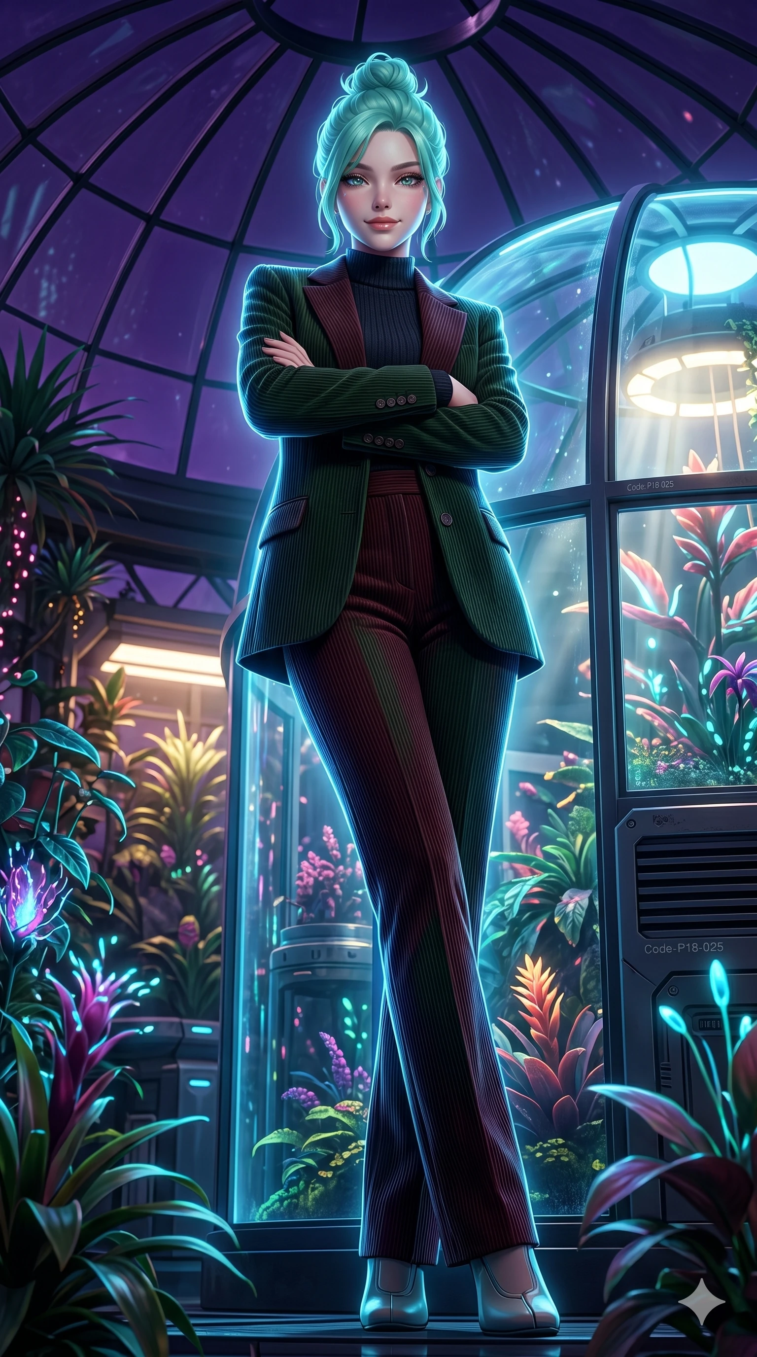 score_9, masterpiece, best quality, ultra-detailed, high-budget anime keyframe, editorial fashion photography, tasteful artistic composition, Japanese woman. low angle full-body shot from head to toe showing her feet, filling the entire 9:16 vertical frame with her statuesque presence, stretching her vertical silhouette. crossing her arms and leaning back, casting a cool, bedroom-eyes smile at the camera in a futuristic bioluminescent greenhouse under a dome of purple glass (Code-P18-025). She has an absolutely perfect 8-heads proportion, an exceptionally tall and slender female figure with impossibly long slender legs and an ultra-slim waist. V-shaped jawline, high-bridge nose, intricate jewel-like eyes with depth, thick eyelashes, glossy lips with a natural sheen. wearing a high-neck knit top under a structured corduroy blazer and trousers. bright cinematic volumetric lighting with a cool blue rim light tracing her contours. 2k, ultra detail, master piece, 9:16 ratio