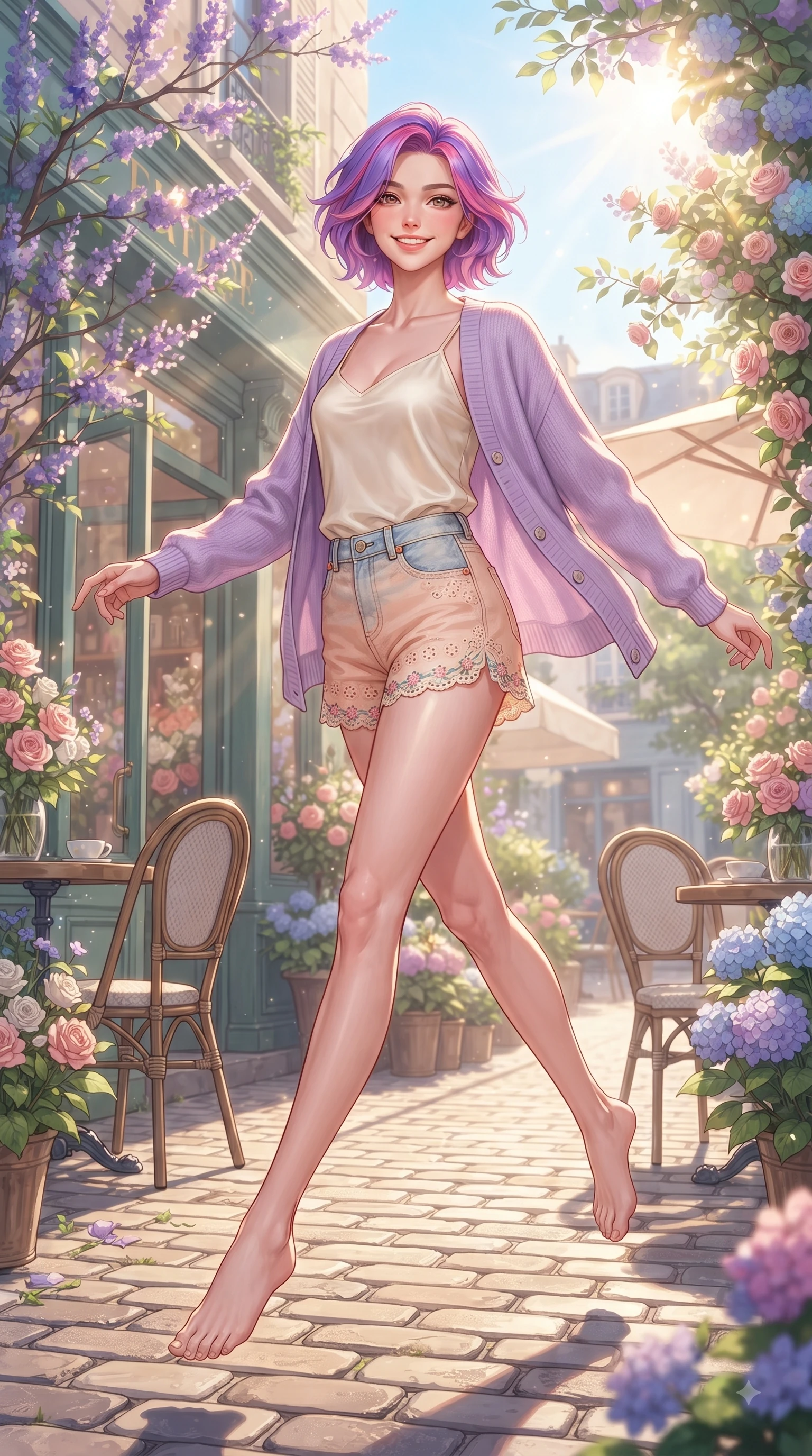 score_9, masterpiece, best quality, ultra-detailed, high-budget anime keyframe, editorial fashion photography, tasteful artistic composition, Caucasian woman. low angle full-body shot from head to toe showing her feet, filling the entire 9:16 vertical frame with her statuesque presence, stretching her vertical silhouette. leaping with pure youthful energy through the scene with a radiant bright smile, her long slender legs balanced gracefully while resting near a sun-drenched cafe entrance while looking at the camera with a warm, sweet expression. The surrounding environment is rendered in vivid detail and crisp panoramic clarity. vibrant European-style flower boutiques, cobblestone paths, and detailed outdoor cafe seating under clear morning sun. She has an absolutely perfect, statuesque 8.5-heads proportion, an exceptionally tall and slender model-like female figure with impossibly long slender legs and an ultra-slim waist. sharp v-shaped jawline, high-bridge nose, intricate jewel-like eyes with depth, thick eyelashes, glossy lips with a natural sheen, flawlessly proportioned anatomical accuracy, natural body alignment, perfectly sculpted elegant limbs, clean dynamic posture without body distortion. wearing a soft lavender knit cardigan worn over a simple cream silk camisole and light-wash denim shorts in peach blossom pink and warm oatmeal, woven with delicate eyelet lace and soft cotton, complemented by delicate embroidered floral trim along the hem, the breezy lightweight fabric fluttering softly against her delicate frame. illuminated by gentle sunbeams streaming through blooming flower branches. ultra-reflective glossy finish, specular highlights, metallic sheen, high-contrast stereoscopic depth, volumetric dynamic lighting, 2k, ultra detail, master piece, 9:16 ratio
