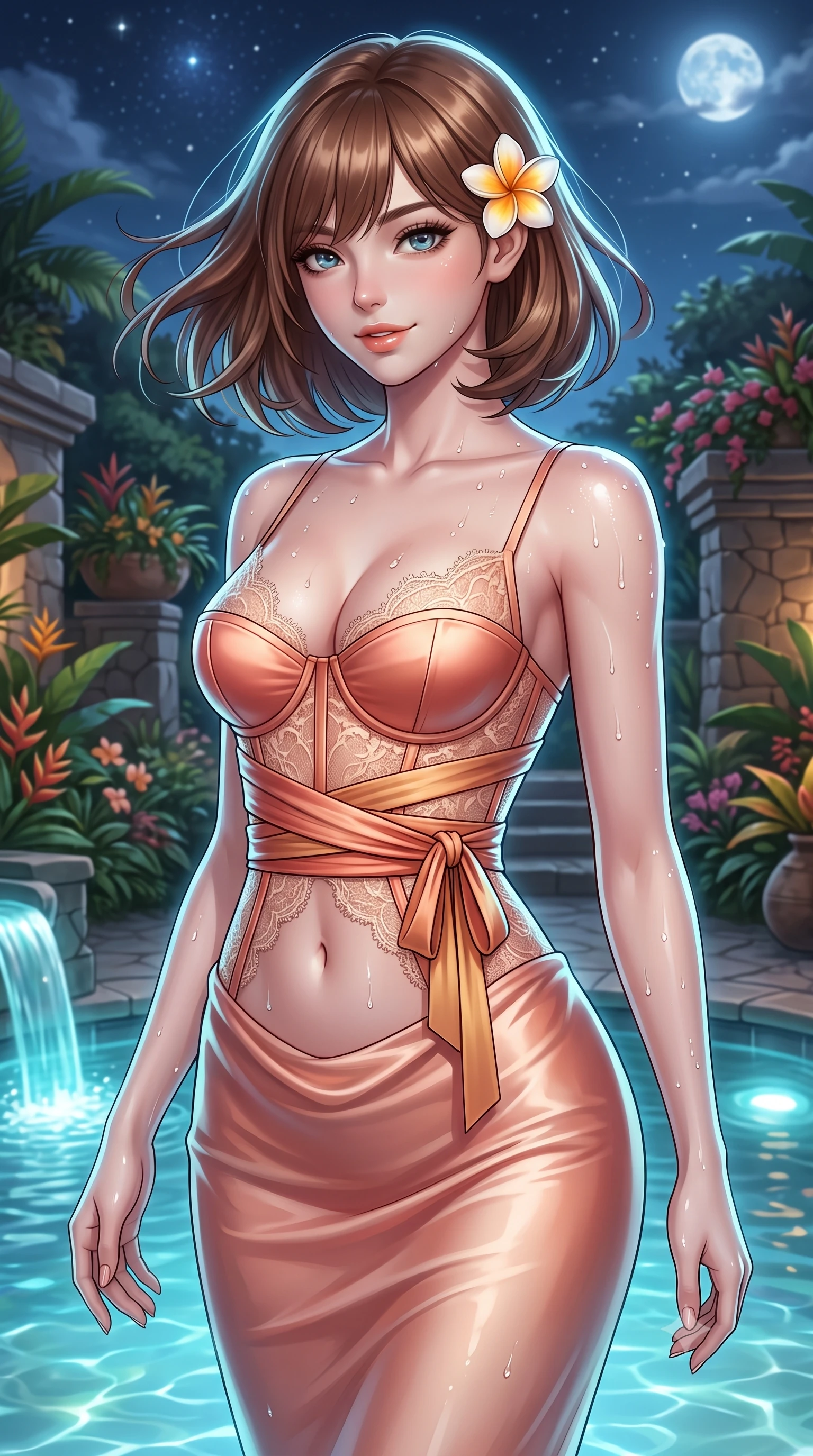 score_9, masterpiece, best quality, ultra-detailed, high-budget anime keyframe, semi-realistic 3D game render, editorial fashion photography, tasteful artistic composition, Caucasian woman. close-up cowboy shot from the waist and thighs up, the character dominates the composition, filling the frame with her large presence. turning slowly with an enchanting smoldering smile, her glossy hair tossing in the breeze as her hips angle gracefully in a captivating contrapposto while twisting her slender torso in an alluring S-curve, glowing submerged thermal lights and moonbeams tracing her flat midriff and curvy hips. The surrounding environment is rendered in vivid detail and crisp panoramic clarity: detailed plunging cowl-neck liquid silk slip gown cling, frangipani flower tucked behind ear, and organic resort landscaping in high resolution. She has an exceptionally elegant, slender, and willowy female figure with an ultra-slim waist, flat toned midriff, narrow ribcage, and sculpted feminine hips creating an alluring, slim hourglass silhouette without bulk. sharp v-shaped jawline, high-bridge nose, sparkling eyes with hypnotic seductive depth, thick curled eyelashes, glossy parted lips with a natural dewy peach sheen, alluring bedroom-eyes with an enchanting coquettish smile, exuding magnetic siren charisma and sophisticated glamour, flawlessly proportioned anatomical accuracy, strict slender model proportions, natural body alignment, perfectly sculpted long slender limbs, ultra-slim waistline, clean dynamic posture without body distortion. wearing a structured boned satin corset bodice with obi-inspired wrap ribbon cinching her ultra-slim waistline in Bali tropical frangipani coral and warm honey, made of delicate semi-sheer French Chantilly lace with intricate eyelash edges, finished with glistening drops of hot spring or lagoon water beading across her sculpted shoulders and collarbones, the form-contouring silhouette accentuating her sculpted flat midriff, narrow delicate ribcage, and gracefully curvy hips with intoxicating allure. illuminated by spring water specular reflections and sharp platinum-turquoise rim lights sculpting her jawline, flat midriff, and curvy hips. highly saturated vibrant anime colors, detailed shading with soft gradients, rich glossy textures, high-contrast stereoscopic depth, volumetric dynamic lighting, master piece, 9:16 ratio