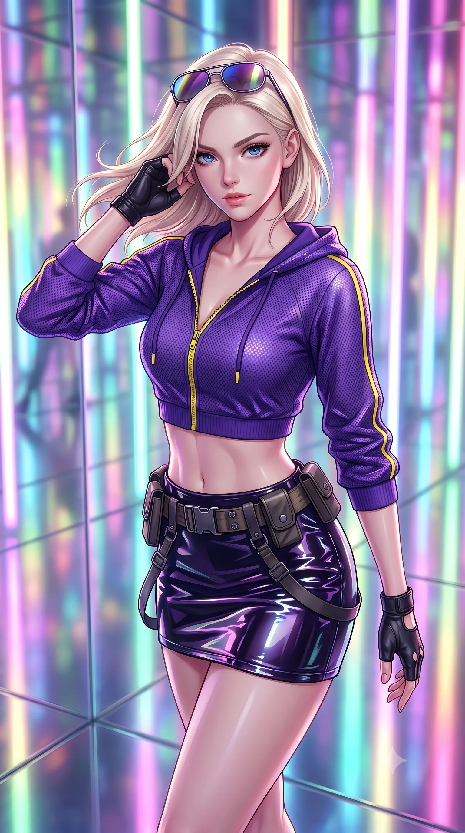 score_9, masterpiece, best quality, ultra-detailed, high-budget anime keyframe, semi-realistic 3D game render, editorial fashion photography, tasteful artistic composition, Caucasian woman. close-up cowboy shot from the waist and thighs up, the character dominates the composition, filling the frame with her large presence. leaning forward with playful, captivating grace, her sculpted collarbones and slender neckline highlighted by directional light while pivoting gracefully on a mirrored floor as infinite reflections of light and color surround her slender frame. The composition keeps background elements in soft focus with creamy bokeh. infinite mirrored room reflections and glowing vertical LED strips blurred into psychedelic rainbow and pastel neon bokeh. She has an exceptionally elegant, slender, and willowy female figure with an ultra-slim waist, a gracefully sculpted slender torso, toned flat midriff, and a refined slim silhouette. sharp v-shaped jawline, high-bridge nose, intricate jewel-like eyes with depth, thick eyelashes, glossy lips with a natural sheen, captivating and magnetic expression, flawlessly proportioned anatomical accuracy, strict slender model proportions, natural body alignment, perfectly sculpted long slender limbs, ultra-slim waistline, clean dynamic posture without body distortion. wearing a glossy patent-leather mini skirt paired with a zippered crop hoodie and tactical utility belt in toxic ultraviolet purple and hazard yellow accents, made of breathable technical athletic mesh and liquid-finish track nylon, accessorized with retro futuristic sunglasses and fingerless leather gloves, the form-contouring material adhering flawlessly to her sculpted flat midriff and slender torso, emphasizing her long leg lines and perfectly proportioned willowy build. illuminated by clean geometric specular highlights tracing her sculpted torso and legs. highly saturated vibrant anime colors, detailed shading with soft gradients, rich glossy textures, high-contrast stereoscopic depth, volumetric dynamic lighting, master piece, 9:16 ratio