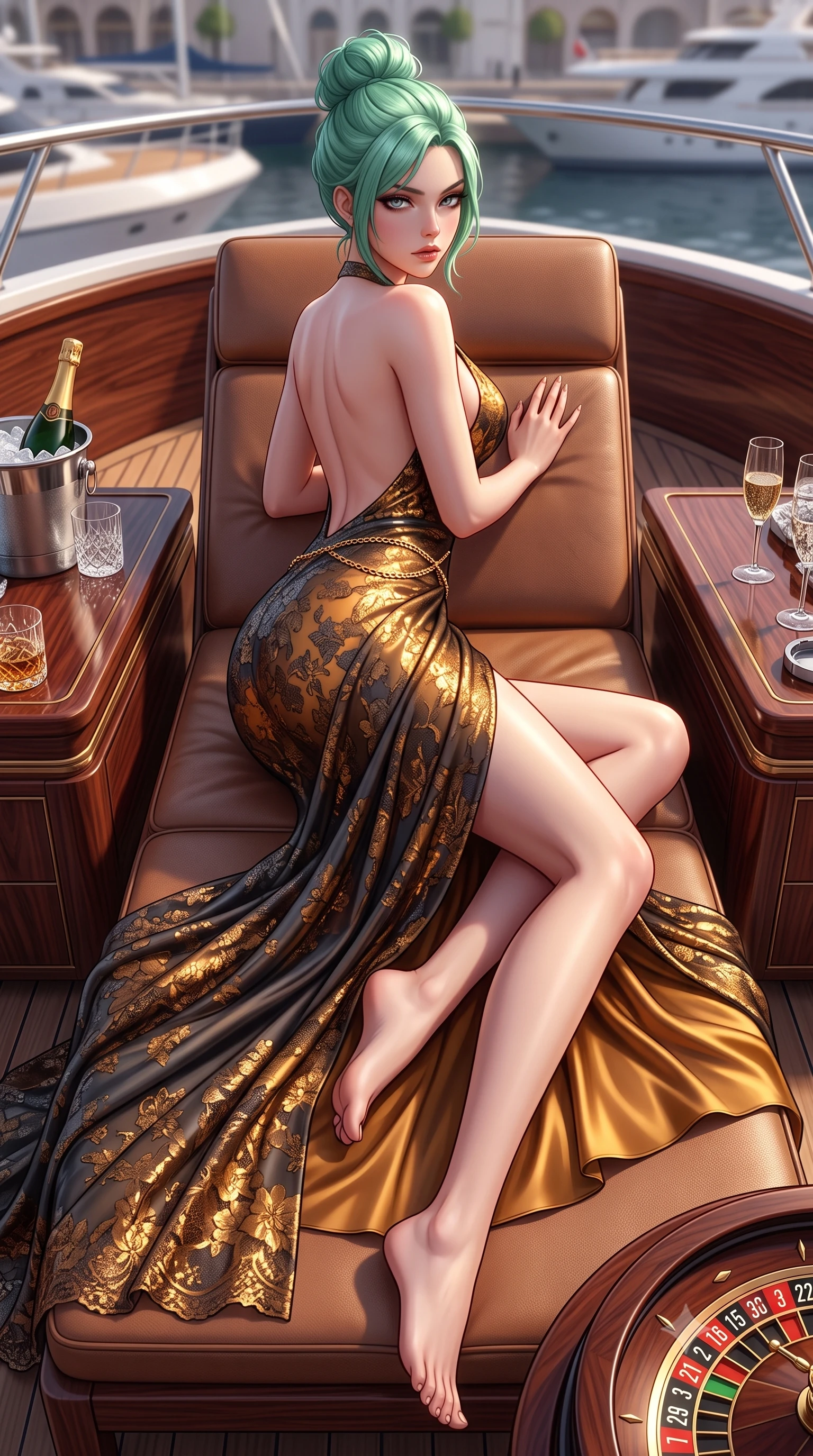 score_9, masterpiece, best quality, ultra-detailed, high-budget anime keyframe, semi-realistic 3D game render, editorial fashion photography, tasteful artistic composition, Japanese woman. low angle full-body shot from head to toe showing her feet, filling the entire 9:16 vertical frame with her statuesque presence, stretching her vertical silhouette. reclining on her side in an elegant Cleopatra pose with one knee drawn up, the dramatic contour of her rounded hips and long slender legs commanding the 9:16 vertical frame while lounging languidly across an outdoor leather yacht lounger, one leg extended and torso propped on one elbow to accentuate her sweeping hip line. The surrounding environment is rendered in vivid detail and crisp panoramic clarity. sharp roulette wheel brass numerals, polished mahogany wood grain, and crystal glass facets in deep focus. She has an absolutely perfect, statuesque 8.5-heads proportion, an exceptionally tall and slender model-like female figure with impossibly long slender legs, a toned flat midriff, an ultra-slim waist, and beautifully sculpted feminine hips. sharp v-shaped jawline, high-bridge nose, intricate jewel-like eyes with depth, thick eyelashes, glossy parted lips with a natural sheen, intensely captivating and seductive bedroom-eyes expression, flawlessly proportioned anatomical accuracy, strict slender model proportions, natural body alignment, perfectly sculpted long slender limbs, ultra-slim waistline, clean dynamic posture without body distortion. wearing an open-back duchess satin gala gown with a dramatic hip-hugging drape and cascading trailing hem in molten amber-gold and dark gunmetal, formed from shimmering floral lace over smooth opaque silk lining, accented with a delicate gold chain belt resting loosely on her curvy hips, the dramatically scooped open back descending to the base of her spine, accentuating her razor-sharp statuesque lines and curvy hourglass silhouette. surrounded by an elite, intoxicating, and irresistibly glamorous Monte Carlo heiress aura. highly saturated vibrant anime colors, detailed shading with soft gradients, rich glossy textures, high-contrast stereoscopic depth, volumetric dynamic lighting, master piece, 9:16 ratio
