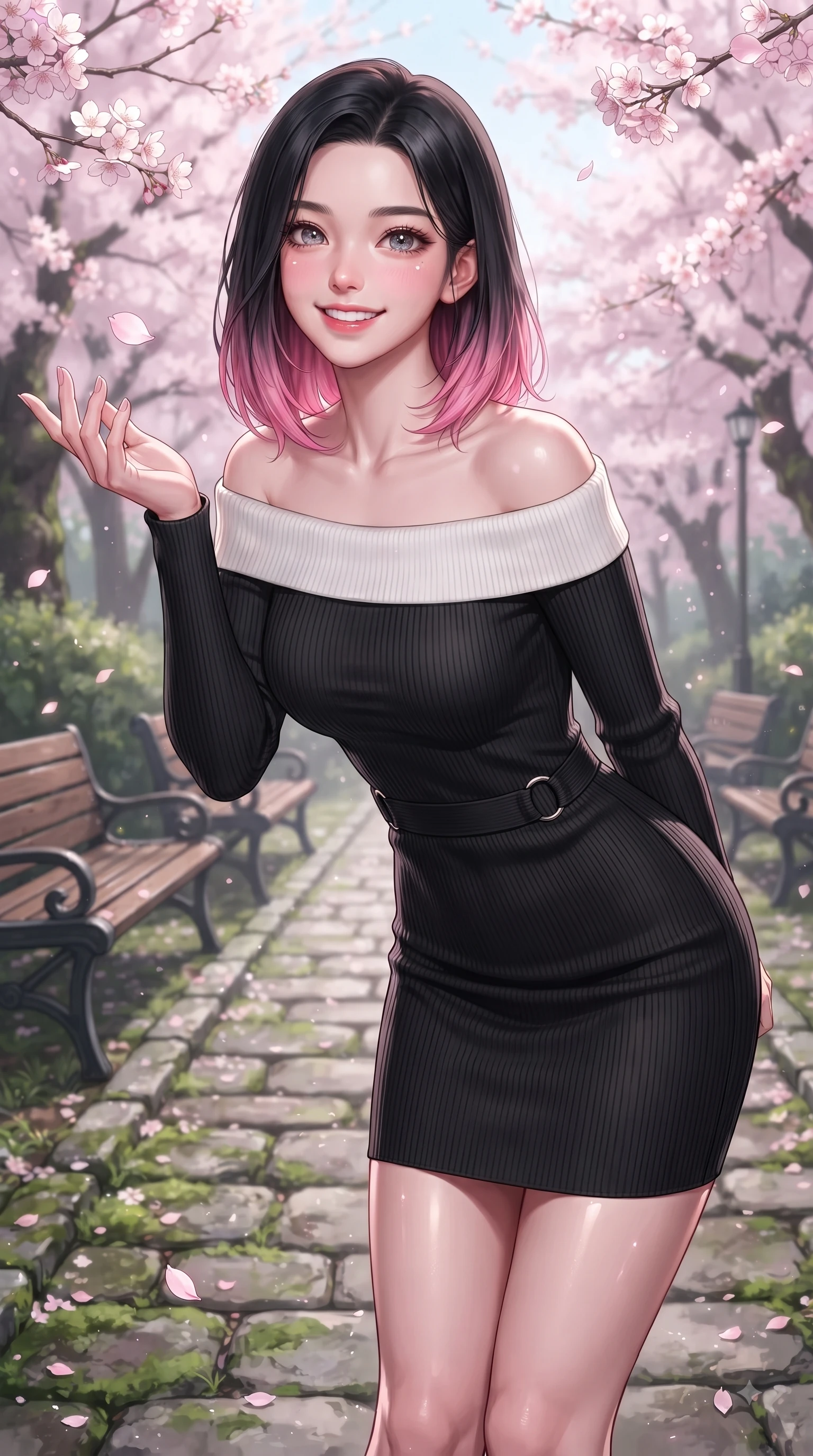 score_9, masterpiece, best quality, ultra-detailed, high-budget anime keyframe, editorial fashion photography, tasteful artistic composition, Korean woman. close-up cowboy shot from the waist and thighs up, the character dominates the composition, filling the frame with her large presence. Cheerful beaming smile with sparkling eyes and a fresh girlhood aura, leaning forward with playful grace while reaching her hand up playfully to catch a floating blossom petal in mid-air. The surrounding environment is rendered in vivid detail and crisp panoramic clarity. delicate cherry blossom petal clusters, wooden park benches, and historic hill paths in sharp resolution. She has an exceptionally elegant, slender, and willowy female figure with an ultra-slim waist, a gracefully sculpted slender torso, and a refined silhouette. sharp v-shaped jawline, high-bridge nose, intricate jewel-like eyes with depth, thick eyelashes, glossy lips with a natural sheen, flawlessly proportioned anatomical accuracy, natural body alignment, perfectly sculpted elegant limbs, clean dynamic posture without body distortion. wearing a sleek off-shoulder ribbed knit dress accentuating her graceful collarbones and slender waist in sleek jet black and pure white contrast, knitted from soft cozy cashmere yarn, accented with subtle metallic ring hardware framing her waist, the tailored fabric tightly following every curve of her athletic build. illuminated by soft glowing pink ambient light and clear sky refractions. ultra-reflective glossy finish, specular highlights, metallic sheen, high-contrast stereoscopic depth, volumetric dynamic lighting, 2k, ultra detail, master piece, 9:16 ratio
