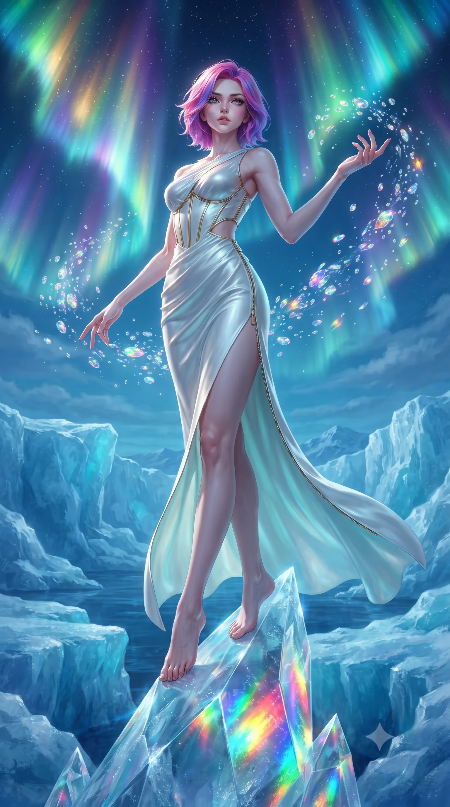 score_9, masterpiece, best quality, ultra-detailed, high-budget anime keyframe, editorial fashion photography, tasteful artistic composition, Caucasian woman. low angle full-body shot from head to toe showing her feet, filling the entire 9:16 vertical frame with her statuesque presence, stretching her vertical silhouette. interacting with floating opal particles, her long slender legs poised in motion, standing atop a razor-sharp crystal ice spire under a blazing polar aurora sky, shifting aurora colors scattering into rainbow reflections on ice facets. She has an absolutely perfect, statuesque 8.5-heads proportion, an exceptionally tall and slender model-like female figure with impossibly long slender legs and an ultra-slim waist. sharp v-shaped jawline, high-bridge nose, intricate jewel-like eyes with depth, thick eyelashes, glossy lips with a natural sheen. wearing draped white silk gown featuring graceful waist cutouts and thigh slit in pale opal seafoam, made of liquid mercury jersey, finished with metallic gold boning and sleek zipper points, following her slender form with tailored precision. lit by intense icy blue key light emerging from translucent glacial ice. highly saturated vibrant anime colors, detailed shading with soft gradients, rich glossy textures, high-contrast stereoscopic depth, volumetric dynamic lighting, master piece, 9:16 ratio