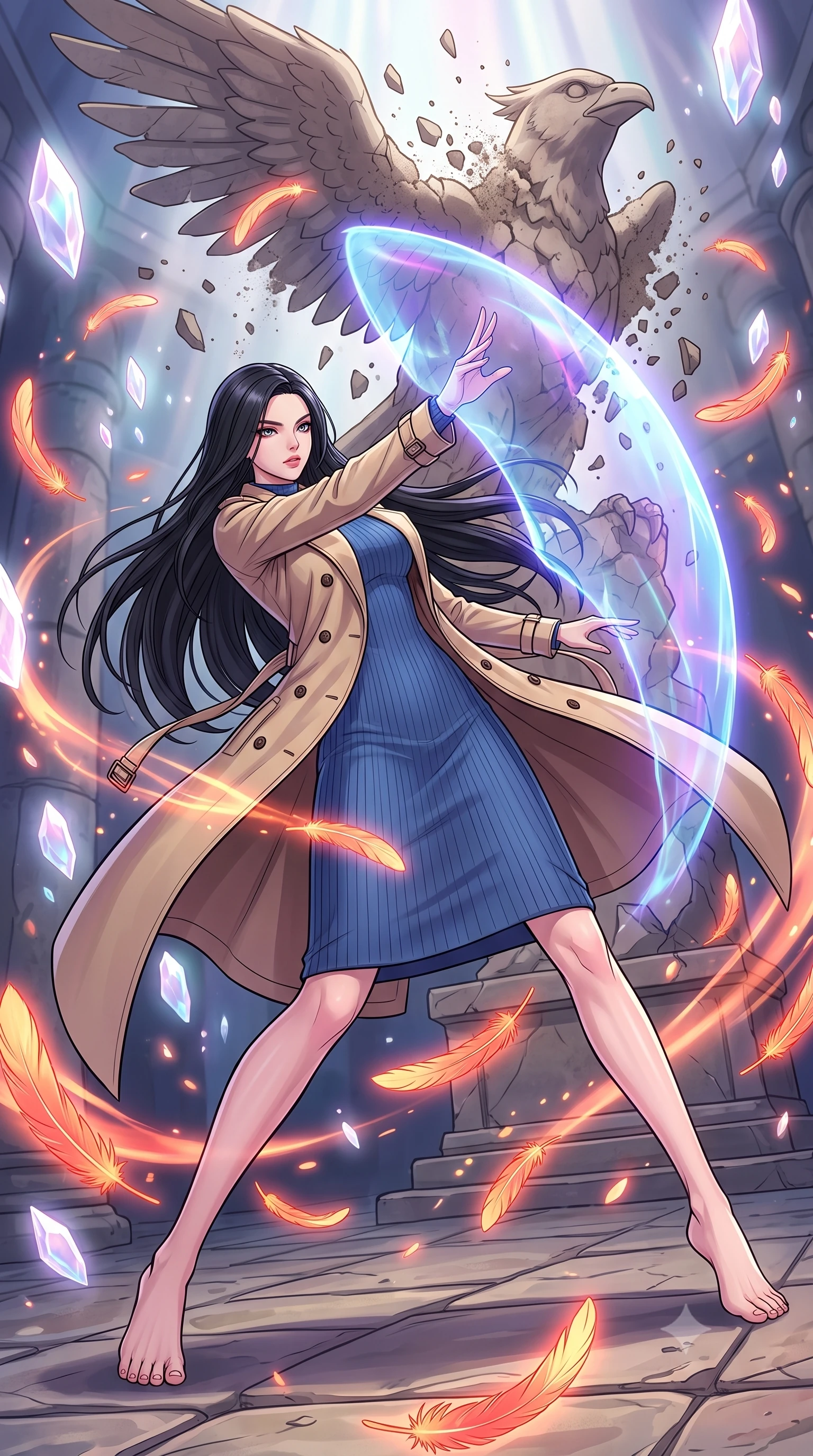 score_9, masterpiece, best quality, ultra-detailed, high-budget anime keyframe, clean line-art, cel-shading, Korean woman. low angle full-body shot from head to toe showing her feet, filling the entire 9:16 vertical frame with her statuesque presence, stretching her vertical silhouette. dodging backward with feline agility while casting an energy barrier through a stone sanctuary filled with burning orange feathers that float in the air, a stone statue of a bird crumbling. She has a statuesque 8.5-heads proportion, an exceptionally tall, slender and willowy model-like build with impossibly long legs and a highly sculpted ultra-slim waist. sharp v-shaped jawline, high-bridge nose, intricate jewel-like eyes with depth, thick eyelashes, glossy lips with a natural sheen. wearing tailored for maximum mobility, sleek form-contouring panels that allow fluid movement, a body-hugging classic double-breasted beige trench coat layered over a French blue mock-neck ribbed midi dress. ethereal pearlescent light emanating from floating crystalline formations all around. highly saturated vibrant anime colors, intense vivid color palette, volumetric dynamic lighting, 2k, ultra detail, master piece, 9:16 ratio