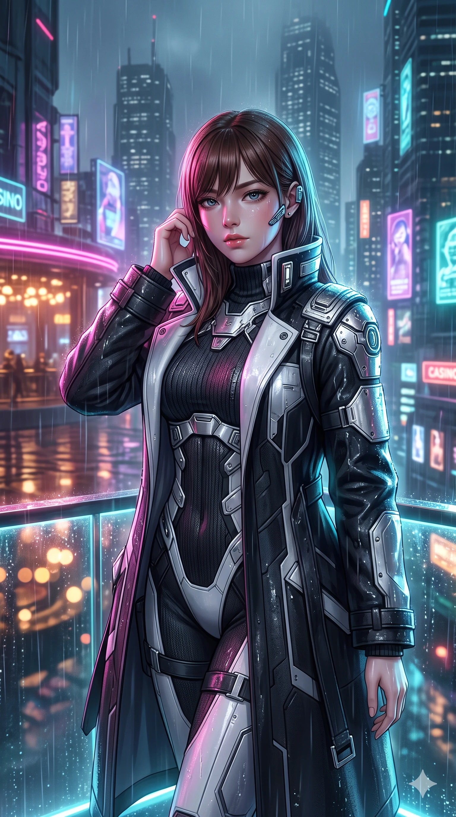 score_9, masterpiece, best quality, ultra-detailed, high-budget anime keyframe, semi-realistic 3D game render, editorial fashion photography, tasteful artistic composition, Korean woman. close-up cowboy shot from the waist and thighs up, the character dominates the composition, filling the frame with her large presence. arching her spine with dancer poise, one hand adjusting her ear comm-link in a flirtatious S-curve with parted glossy lips while leaning against the glowing glass terrace railing with hips cocked back, looking through rain-slicked holographic billboard reflections with smoldering eyes. The background shows a soft-focus light rain mist softened in cyber casino terrace shallow focus. She has an exceptionally elegant, slender, and willowy female figure with an ultra-slim waist, flat toned midriff, narrow ribcage, and sculpted feminine hips creating an alluring, slim hourglass silhouette without bulk. sharp v-shaped jawline, high-bridge nose, intricate jewel-like sparkling eyes with depth, thick eyelashes, glossy parted lips with a natural sheen, bright confident smile with an enchanting and coquettish sensual glint, exuding both youthful magnetic charm and sovereign high-tech allure, flawlessly proportioned anatomical accuracy, strict slender model proportions, natural body alignment, perfectly sculpted long slender limbs, ultra-slim waistline, clean dynamic posture without body distortion. wearing a structured aerospace commander greatcoat layered over an armored high-neck knit underlayer in dual-tone high-contrast monochrome black and stark white, woven from high-density tech-wool with subtle metallic thread weave, accented with strategically placed chrome armor plate guards covering key curves, the bespoke structured tailoring following the natural line of her 8.5-heads silhouette with refined elegance. illuminated by terrace floor puddle reflections and sharp magenta-cyan rim lights sculpting her razor-sharp jawline, narrow waist, and curvy hips. highly saturated vibrant anime colors, detailed shading with soft gradients, rich glossy textures, high-contrast stereoscopic depth, volumetric dynamic lighting, master piece, 9:16 ratio