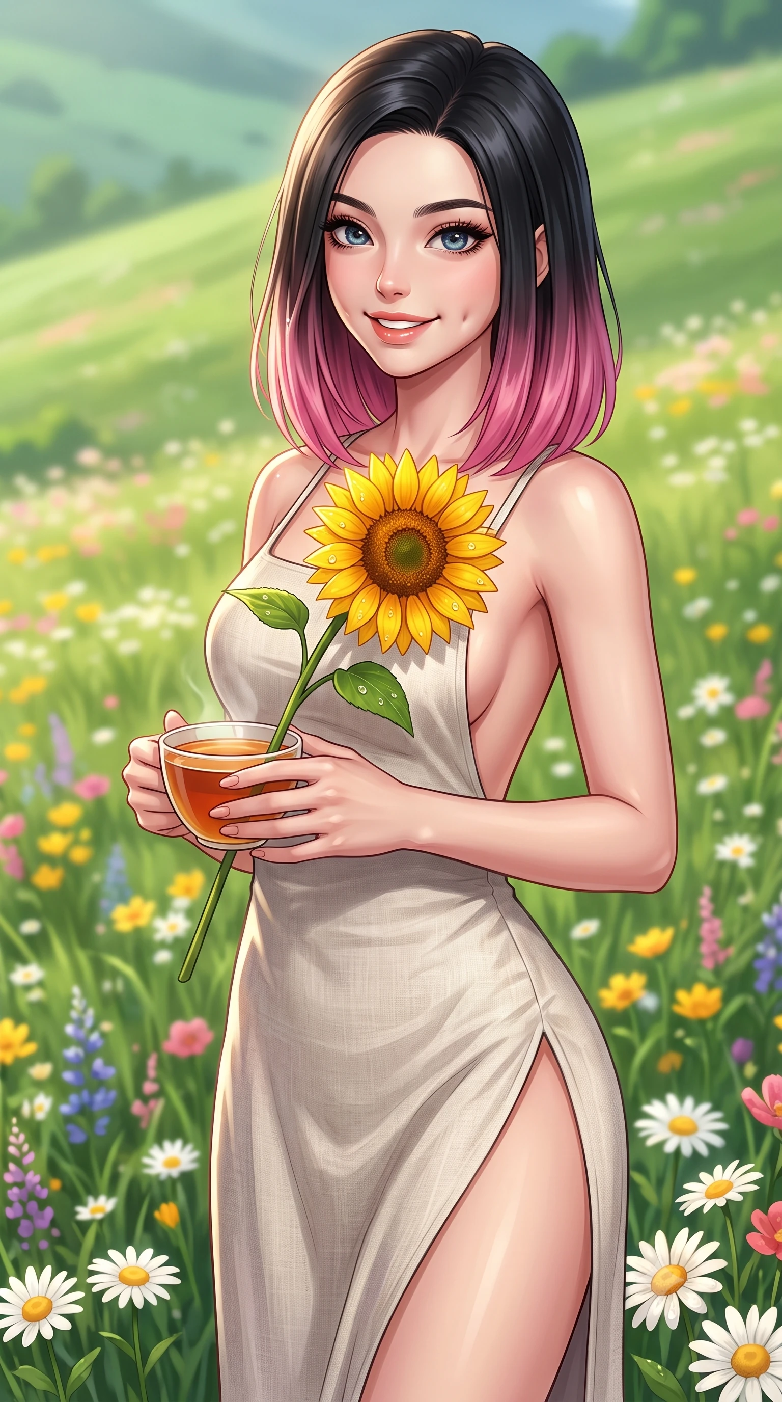 score_9, masterpiece, best quality, ultra-detailed, high-budget anime keyframe, editorial fashion photography, tasteful artistic composition, Korean woman. close-up cowboy shot from the waist and thighs up, the character dominates the composition, filling the frame with her large presence, background elements kept in soft focus. smiling with soft, cute dimples, holding a warm cup of tea with both hands set against a soft-focus background of on a gentle green hillside covered with colorful wildflowers and daisies holding a single bright sunflower with a cheerful, sunny grin. She has an exceptionally elegant, slender, and willowy female figure with an ultra-slim waist, a gracefully sculpted slender torso, and a refined silhouette. sharp v-shaped jawline, high-bridge nose, intricate jewel-like eyes with depth, thick eyelashes, glossy lips with a natural sheen. wearing form-contouring linen sundress with a daring high slit and a low-cut back design. warm morning sunbeams creating fresh dewdrop glints on the flower petals. highly saturated vibrant anime colors, detailed shading with soft gradients, rich glossy textures, high-contrast stereoscopic depth, volumetric dynamic lighting, master piece, 9:16 ratio