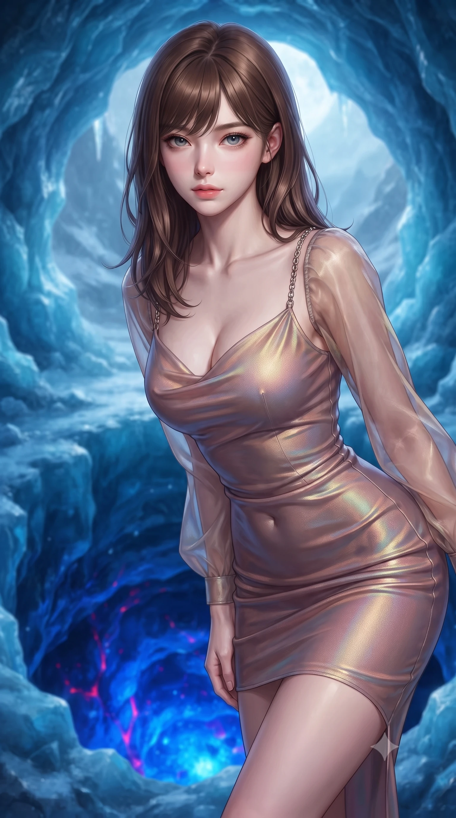 score_9, masterpiece, best quality, ultra-detailed, high-budget anime keyframe, editorial fashion photography, tasteful artistic composition, Korean woman. close-up cowboy shot from the waist and thighs up, the character dominates the composition, filling the frame with her large presence, background elements kept in soft focus. Leaning slightly forward with a composed, seductive gaze under soft glowing light resting near an ice cave entrance as subterranean cobalt flames pulse below, striking contrast of sub-zero blue ice crystals and hot cobalt blue magma. She has an exceptionally elegant, slender, and willowy female figure with an ultra-slim waist, a gracefully sculpted slender torso, and a refined silhouette. sharp v-shaped jawline, high-bridge nose, intricate jewel-like eyes with depth, thick eyelashes, glossy lips with a natural sheen. wearing a sleek bodycon knit dress with sheer organza sleeve panels in dusty rose and champagne gold, crafted from iridescent chiffon that shifts colors in the light, adorned with delicate metallic chain straps along the neckline, the elegant draped fit framing her graceful clavicle and slender torso. illuminated by intense cobalt blue magma glow and icy silver moonlight. highly saturated vibrant anime colors, detailed shading with soft gradients, rich glossy textures, high-contrast stereoscopic depth, volumetric dynamic lighting, master piece, 9:16 ratio