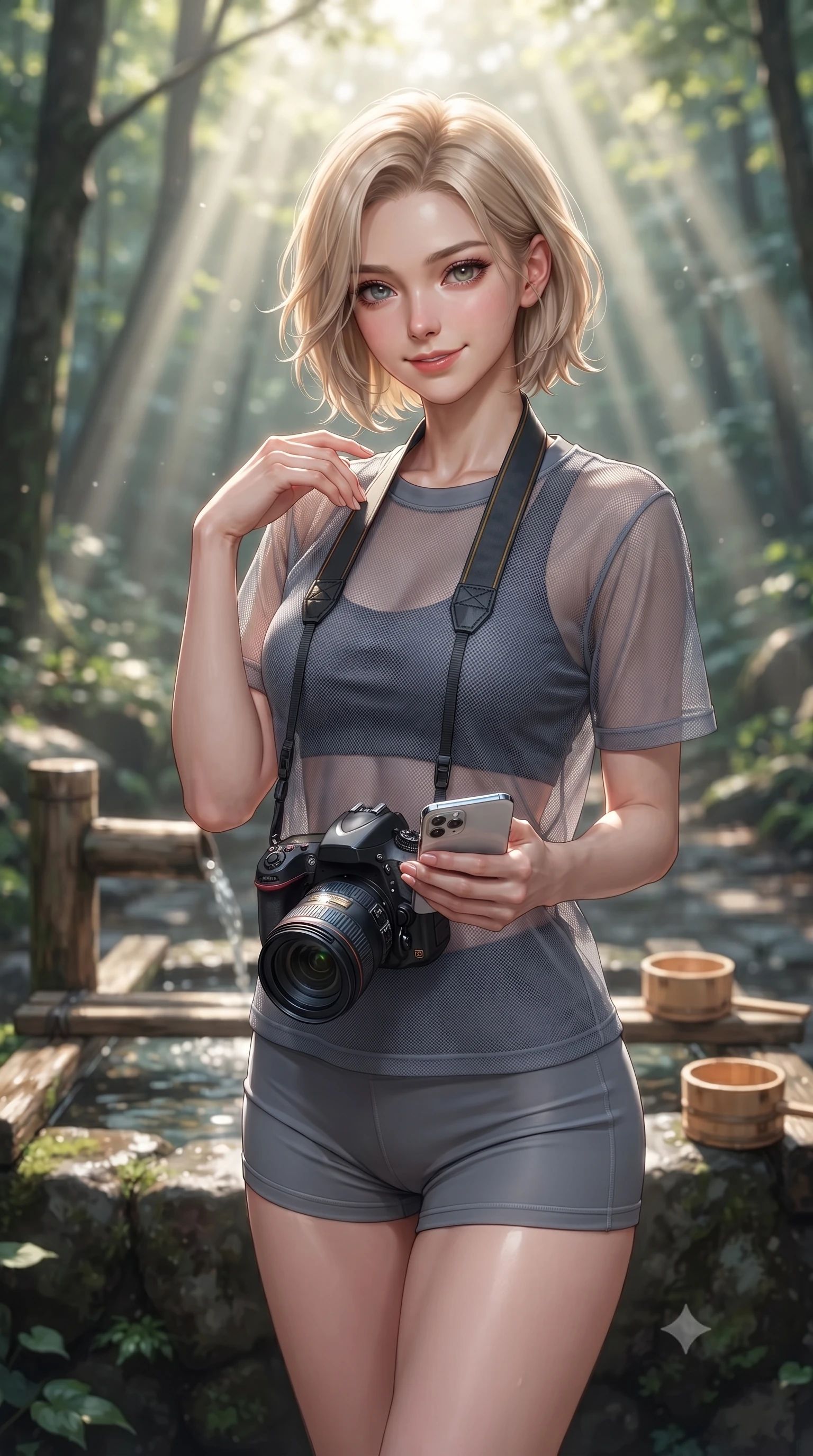 score_9, masterpiece, best quality, ultra-detailed, high-budget anime keyframe, editorial fashion photography, tasteful artistic composition, Caucasian woman. close-up cowboy shot from the waist and thighs up, the character dominates the composition, filling the frame with her large presence, background elements kept in soft focus. flashing a sweet yet sultry smile, holding her hand near her shoulder in a poised gesture set against a soft-focus background of next to a mountain spring well with clear water and wooden cups with a camera strap around her neck and a smartphone in her hand. She has an exceptionally elegant, slender, and willowy female figure with an ultra-slim waist, a gracefully sculpted slender torso, and a refined silhouette. sharp v-shaped jawline, high-bridge nose, intricate jewel-like eyes with depth, thick eyelashes, glossy lips with a natural sheen. wearing tailored sheer mesh athletic top in slate grey, worn over a slim-fit sports bralette and shorts. volumetric sunbeams slicing through the forest trees, creating light rays. ultra-reflective glossy finish, specular highlights, metallic sheen, high-contrast stereoscopic depth, volumetric dynamic lighting, 2k, ultra detail, master piece, 9:16 ratio