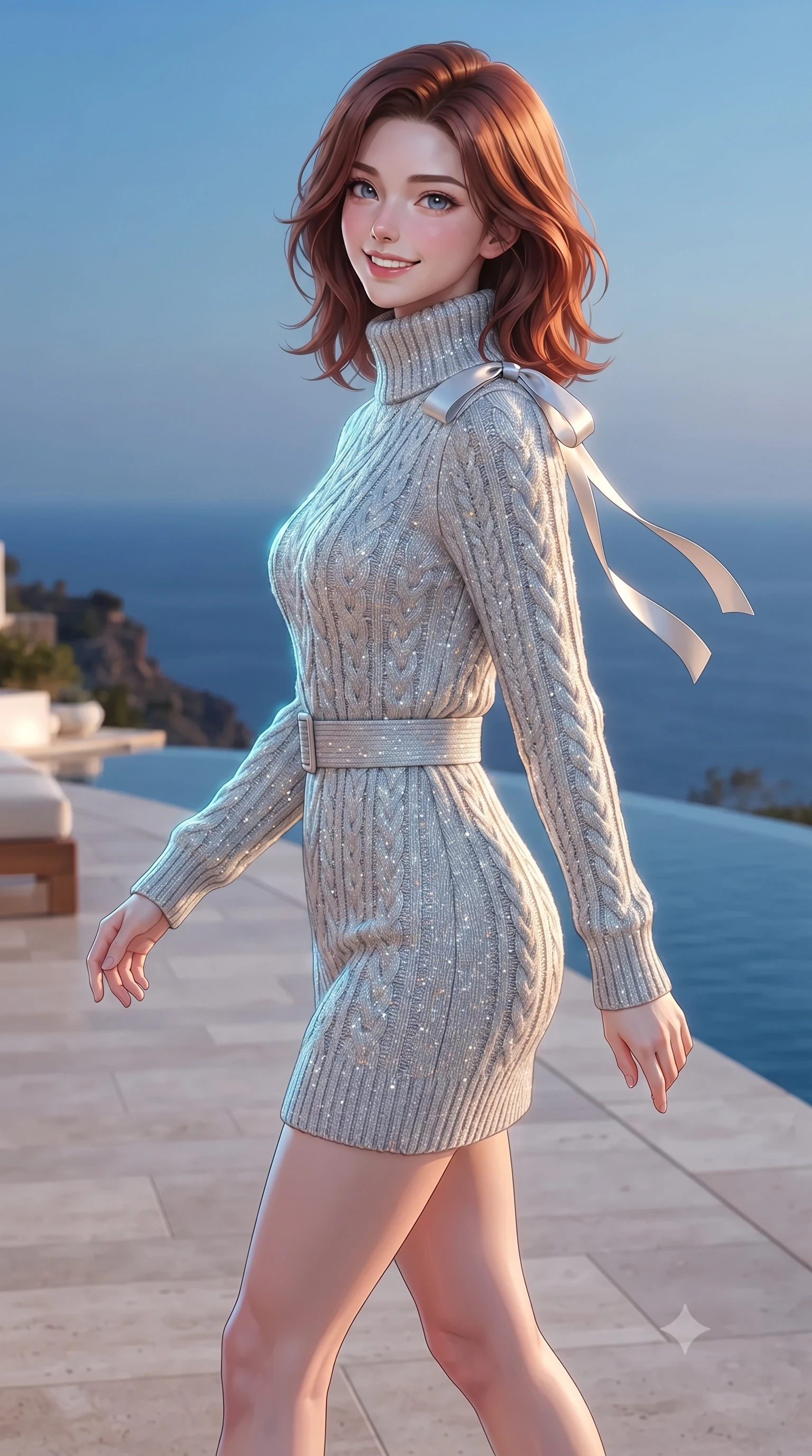 score_9, masterpiece, best quality, ultra-detailed, high-budget anime keyframe, editorial fashion photography, tasteful artistic composition, Korean woman. close-up cowboy shot from the waist and thighs up, the character dominates the composition, filling the frame with her large presence. perched sideways on the lounge seat, one knee drawn up to showcase her slender leg line while her arched back accentuates her feminine hip curve while walking slowly across the pale travertine deck with tall model strides, evening sea breezes molding her gown to her hourglass curves. The surrounding environment is rendered in vivid detail and crisp panoramic clarity: detailed garment cut, bodycon tailoring, and clifftop architectural craft in razor-sharp precision. She has an exceptionally elegant, slender, and willowy female figure with an ultra-slim waist, flat toned midriff, narrow ribcage, and sculpted feminine hips creating an alluring, slim hourglass silhouette without bulk. sharp v-shaped jawline, high-bridge nose, intricate jewel-like sparkling eyes with depth, thick eyelashes, glossy parted lips with a natural peach sheen, bright cheerful beaming smile with an enchanting and coquettish sensual glint, exuding both youthful cute charm and seductive allure, flawlessly proportioned anatomical accuracy, strict slender model proportions, natural body alignment, perfectly sculpted long slender limbs, ultra-slim waistline, clean dynamic posture without body distortion. wearing an elegant high-collar Nordic merino wool cable-knit sweater dress with belted waistline in iridescent mother-of-pearl and liquid molten silver, woven from structured British tweed with subtle metallic flecks, finished with satin ribbon ties at the shoulders fluttering in the gentle breeze, the bespoke structured tailoring following the natural line of her 8.5-heads silhouette with refined elegance. illuminated by white chalk reflection bounce and sharp gold-cyan dual rim lights sculpting her features, flat midriff, and slender waist. ultra-reflective glossy finish, specular highlights, rich textural contrasts, high-contrast stereoscopic depth, volumetric dynamic lighting, 2k, ultra detail, master piece, 9:16 ratio
