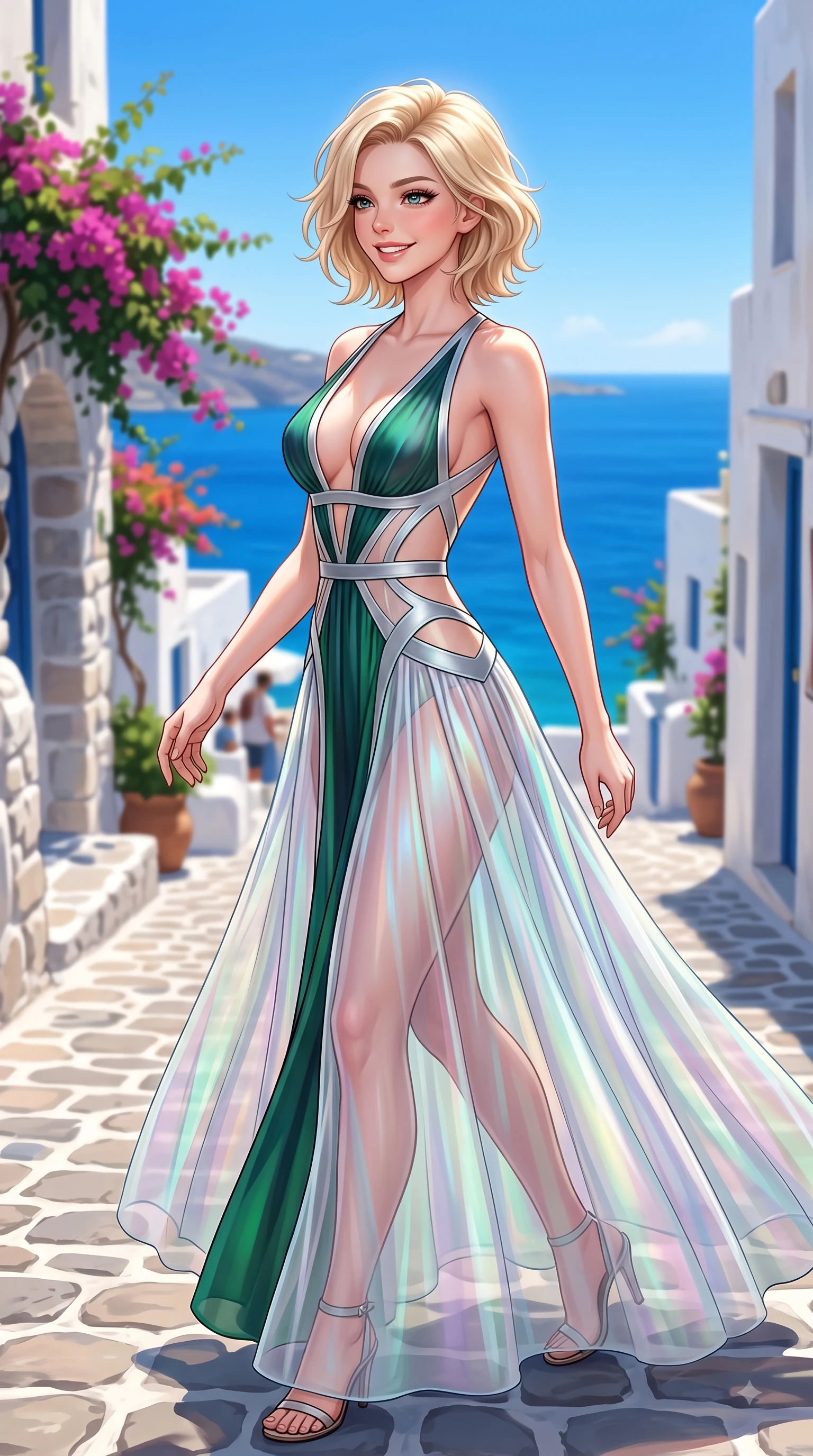 score_9, masterpiece, best quality, ultra-detailed, high-budget anime keyframe, editorial fashion photography, tasteful artistic composition, Caucasian woman. close-up cowboy shot from the waist and thighs up, the character dominates the composition, filling the frame with her large presence, background elements kept in soft focus. Warm delightful smile while casting a playful, joyful side-gaze with heavy lashes and a glowing expression while pivoting in a graceful resort stride down a sunlit cobblestone alley surrounded by bougainvillea, pristine white stone architecture contrasting brilliantly with deep azure sea and blue skies. She has an exceptionally elegant, slender, and willowy female figure with an ultra-slim waist, a gracefully sculpted slender torso, and a refined silhouette. sharp v-shaped jawline, high-bridge nose, intricate jewel-like eyes with depth, thick eyelashes, glossy lips with a natural sheen, flawlessly proportioned anatomical accuracy, natural body alignment, perfectly sculpted elegant limbs, clean dynamic posture without body distortion. wearing a translucent iridescent chiffon gown with a plunging neckline and open back in deep emerald green and silver accent, formed from sleek second-skin neoprene, featuring clean architectural cutouts along her slender torso, the form-contouring material highlighting her ultra-slim waist and long lines. surrounded by a clear, sun-drenched atmosphere with crisp cheerful highlights. highly saturated vibrant anime colors, detailed shading with soft gradients, rich glossy textures, high-contrast stereoscopic depth, volumetric dynamic lighting, master piece, 9:16 ratio
