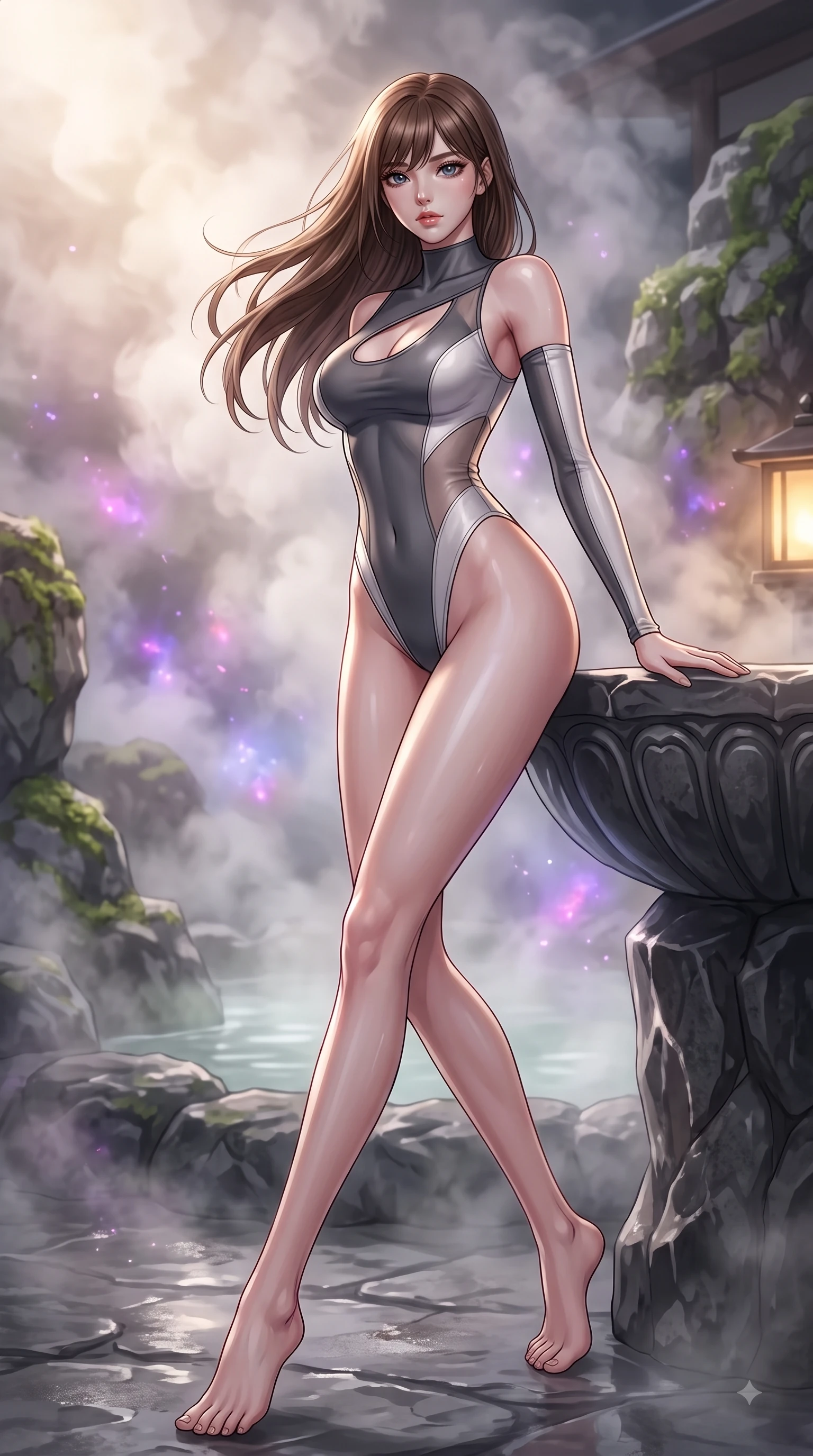 score_9, masterpiece, best quality, ultra-detailed, high-budget anime keyframe, editorial fashion photography, tasteful artistic composition, Korean woman. low angle full-body shot from head to toe showing her feet, filling the entire 9:16 vertical frame with her statuesque presence, stretching her vertical silhouette. forging dynamically through the scene with her long slender legs and ultra-slim waist creating a sweeping curve while resting gracefully against a carved obsidian basalt rock edge in a private thermal hot spring, swirling thermal steam clouds scattering soft violet and magenta mineral light in mid-air. She has an absolutely perfect, statuesque 8.5-heads proportion, an exceptionally tall and slender model-like female figure with impossibly long slender legs and an ultra-slim waist. sharp v-shaped jawline, high-bridge nose, intricate jewel-like eyes with depth, thick eyelashes, glossy lips with a natural sheen, flawlessly proportioned anatomical accuracy, natural body alignment, perfectly sculpted elegant limbs, clean dynamic posture without body distortion. wearing an asymmetrical high-cut tech-bodysuit with detached sleeves in charcoal grey and platinum, woven from fine semi-opaque sheer organza, accented with a Tasteful chest slit framing her clavicle gracefully, the sleek second-skin texture accentuating her magnetic presence. bathed in soft warm lantern light filtered through gentle thermal steam. highly saturated vibrant anime colors, detailed shading with soft gradients, rich glossy textures, high-contrast stereoscopic depth, volumetric dynamic lighting, master piece, 9:16 ratio