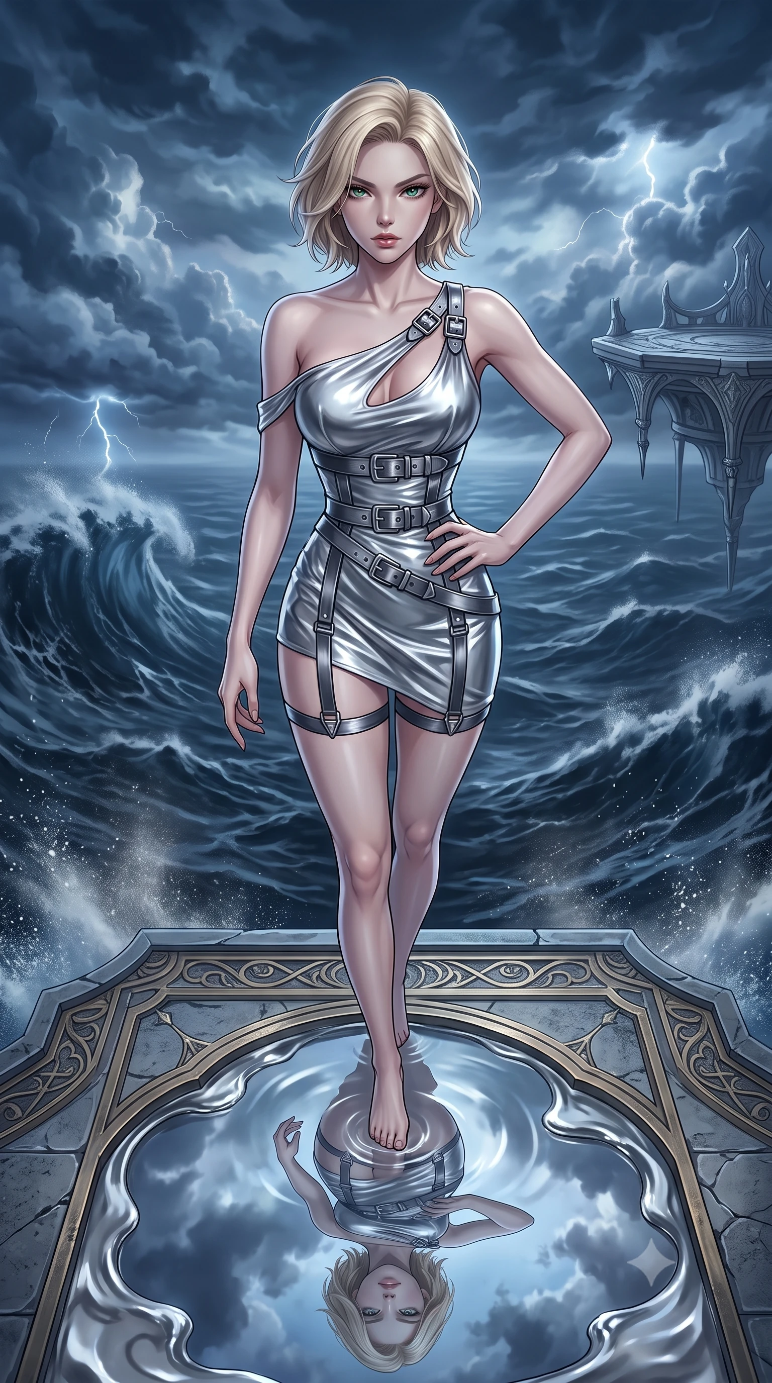 score_9, masterpiece, best quality, ultra-detailed, High-budget Anime Keyframe, Caucasian woman, strictly human ears. Low angle cowboy shot filling the entire 9:16 frame with her statuesque presence. Scenario 277: gazing at her reflection in a pool of liquid silver in a floating platform suspended over a stormy sea of dark blue water. Her presence is magnetic and overpowering in this high-budget anime scene. Outfit 277: a form-contouring molten liquid silk garter with a low-cut shoulder and metallic buckles. The clothing is designed to emphasize her exceptionally tall and slender 8-heads proportion. 8-heads proportion, towering silhouette, ultra-slim waist. sharp v-shaped jawline, intricate jewel-like eyes with depth, thick eyelashes, glossy lips. 2k, ultra detail, master piece, 9:16 ratio