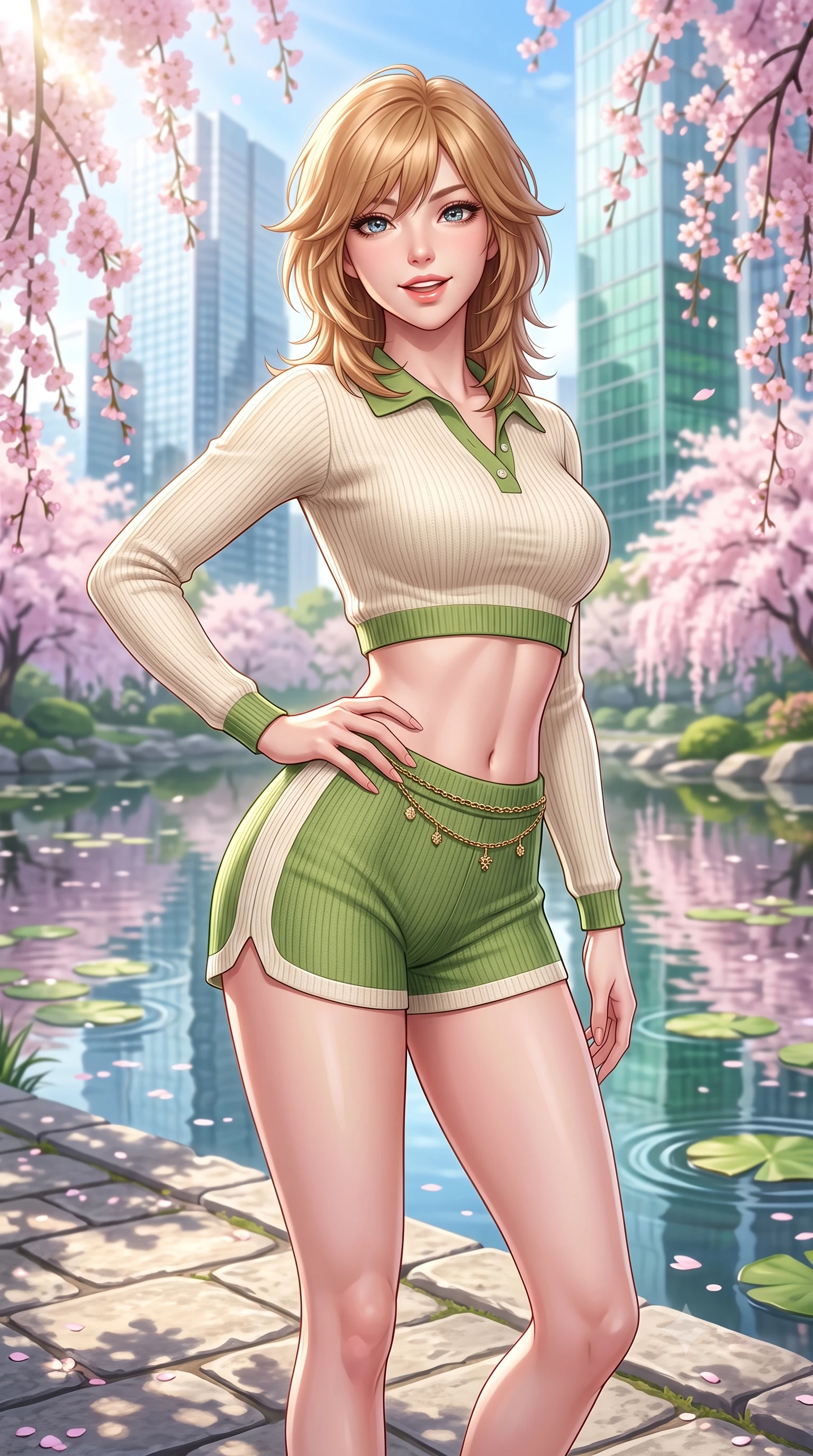 score_9, masterpiece, best quality, ultra-detailed, high-budget anime keyframe, semi-realistic 3D game render, editorial fashion photography, tasteful artistic composition, Korean woman. close-up cowboy shot from the waist and thighs up, the character dominates the composition, filling the frame with her large presence. twisting her slender torso in an alluring contrapposto stance, one hand resting on her sculpted hip while flashing a radiant, playful smile with parted glossy lips while twisting her slender torso in an alluring S-curve as modern glass skyscrapers reflect in the serene traditional pond waters below. The composition keeps background elements in soft focus with dreamy creamy bokeh. weeping cherry blossom branches, circular lotus pond ripples, and futuristic glass tower facades blurred into sakura-pink, emerald, and glass-white bokeh. She has an exceptionally elegant, slender, and willowy female figure with an ultra-slim waist, flat toned midriff, narrow ribcage, and sculpted feminine hips creating an alluring, slim hourglass silhouette without bulk. sharp v-shaped jawline, high-bridge nose, intricate jewel-like sparkling eyes with depth, thick eyelashes, glossy parted lips with a natural peach sheen, bright cheerful beaming smile with an enchanting and coquettish sensual glint, exuding both youthful cute charm and seductive allure, flawlessly proportioned anatomical accuracy, strict slender model proportions, natural body alignment, perfectly sculpted long slender limbs, ultra-slim waistline, clean dynamic posture without body distortion. wearing a cropped knitted polo sweater paired with high-cut tailored tennis shorts hugging her rounded hips in matcha green and warm ivory, formed from supple second-skin stretch ribbed knit clinging to her form, accented with a delicate gold chain belt resting loosely on her curvy hips, the high-waisted tailoring accentuating her ultra-slim waistline and the enchanting curve of her feminine hips with alluring charm. bathed in bright morning spring sunlight scattering through blooming flower canopies. highly saturated vibrant anime colors, detailed shading with soft gradients, rich glossy textures, high-contrast stereoscopic depth, volumetric dynamic lighting, master piece, 9:16 ratio