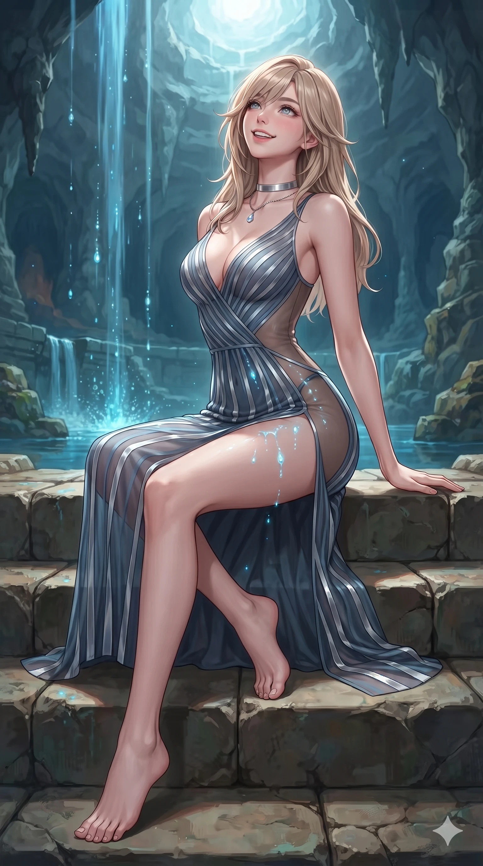 score_9, masterpiece, best quality, ultra-detailed, high-budget anime keyframe, semi-realistic 3D game render, editorial fashion photography, tasteful artistic composition, Japanese woman. low angle full-body shot from head to toe showing her feet, filling the entire 9:16 vertical frame with her statuesque presence, stretching her vertical silhouette. sitting poised on the stone steps with one knee bent, arching her spine with supermodel elegance as she glances upward through thick eyelashes while twisting her slender torso in an alluring S-curve, cascading blue light droplets painting sensual ribbons across her flat midriff and hips. The surrounding environment is rendered in vivid detail and crisp panoramic clarity: detailed garment styling, vibrant anime shading, and monumental underground cavern scale in high resolution. She has an exceptionally tall and slender model-like 8.5-heads proportion, an ultra-slim waist, a flat toned midriff, narrow delicate ribcage, and beautifully sculpted feminine hips creating a graceful, slim hourglass silhouette without any bulky heaviness, with impossibly long slender legs. sharp v-shaped jawline, high-bridge nose, intricate jewel-like sparkling eyes with depth, thick eyelashes, glossy parted lips with a natural peach sheen, bright cheerful beaming smile with an enchanting and coquettish sensual glint, exuding both youthful cute charm and seductive allure, flawlessly proportioned anatomical accuracy, strict slender model proportions, natural body alignment, perfectly sculpted long slender limbs, ultra-slim waistline, clean dynamic posture without body distortion. wearing a plunge-front sheer illusion tulle slip dress with liquid platinum ribbon stripes hugging her curves in slate blue and metallic silver, featuring strategic sheer-illusion tulle side panels framing her ribcage and hips, finished with a minimalist chrome choker and a single teardrop diamond pendant, the high-slit wrap tailoring accentuating her ultra-slim waistline and the enchanting curve of her feminine hips with alluring seductive charm. illuminated by waterfall spray bounce and sharp cyan-white rim lights defining her jawline, narrow waist, and curvy hips. highly saturated vibrant anime colors, detailed shading with soft gradients, rich glossy textures, high-contrast stereoscopic depth, volumetric dynamic lighting, master piece, 9:16 ratio