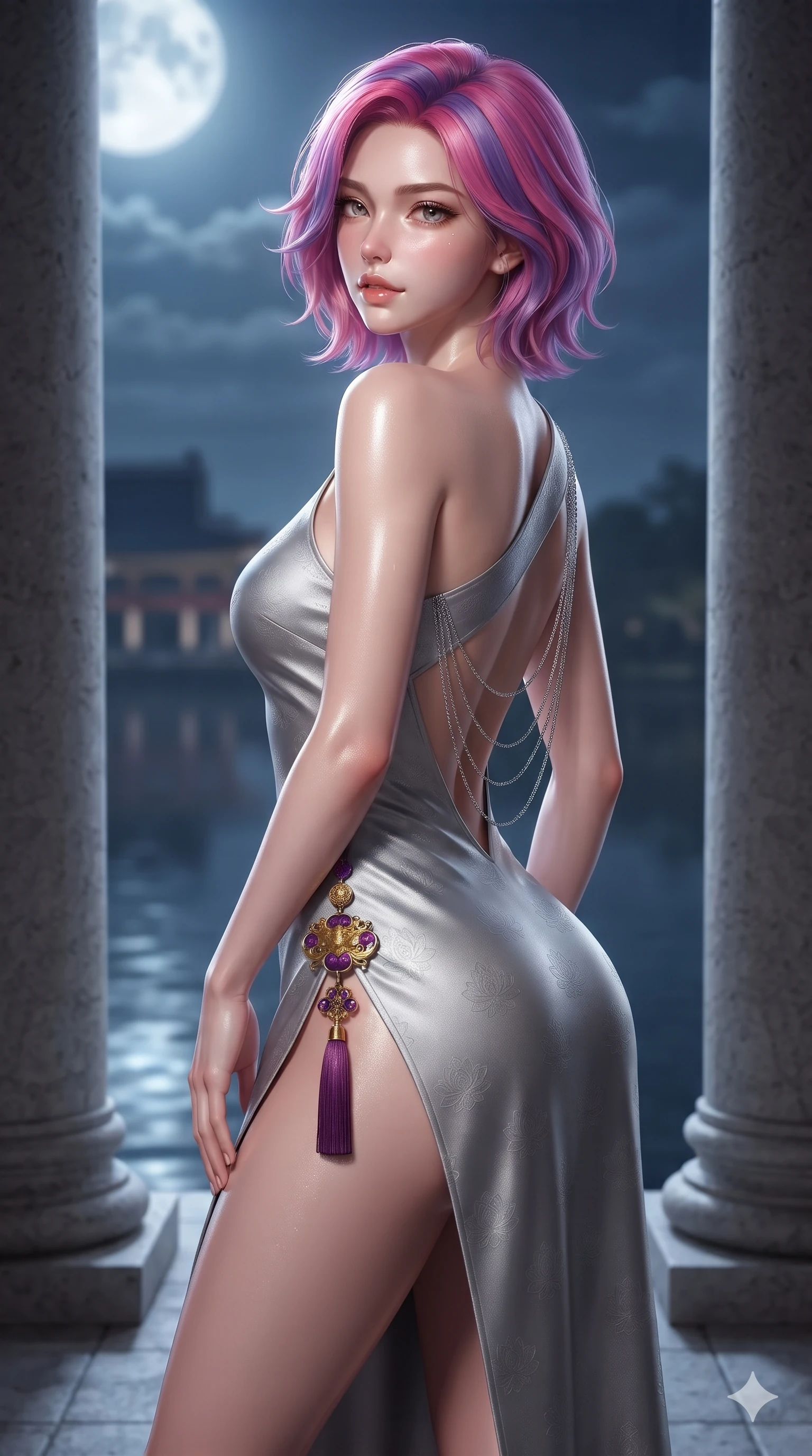 score_9, masterpiece, best quality, ultra-detailed, high-budget anime keyframe, editorial fashion photography, tasteful artistic composition, Caucasian woman. close-up cowboy shot from the waist and thighs up, the character dominates the composition, filling the frame with her large presence. posing in an alluring rear three-quarter angle, looking over a bare shoulder with parted glossy lips, her hips cocked back to highlight her slim hourglass curve while standing between monumental stone pavilion columns, arching her lower back to emphasize her curvy hips against the moonlit lake. The background shows a soft-focus monumental royal banquet pavilion softened in panoramic lake shallow focus. She has an exceptionally elegant, slender, and willowy female figure with an ultra-slim waist, flat toned midriff, narrow ribcage, and sculpted feminine hips creating an alluring, slim hourglass silhouette without bulk. sharp v-shaped jawline, high-bridge nose, sparkling eyes with hypnotic seductive depth, thick curled eyelashes, glossy parted lips with a natural dewy peach sheen, alluring bedroom-eyes with an enchanting coquettish smile, exuding magnetic siren charisma and sophisticated glamour, flawlessly proportioned anatomical accuracy, strict slender model proportions, natural body alignment, perfectly sculpted long slender limbs, ultra-slim waistline, clean dynamic posture without body distortion. wearing an asymmetric one-shoulder liquid mercury silk dress with a dramatic hip-high wrap slit and norigae waist charm in imperial gold and royal plum purple, tailored from rich silk jacquard with subtle embossed lotus blossom patterns, accented with an open-back drape framed by falling strands of delicate chrome chains, the form-contouring silhouette accentuating her sculpted flat midriff, narrow delicate ribcage, and gracefully curvy hips with intoxicating allure. bathed in brilliant 4000K moonbeams sweeping across open palace waters. ultra-reflective glossy finish, specular highlights, rich textural contrasts, high-contrast stereoscopic depth, volumetric dynamic lighting, 2k, ultra detail, master piece, 9:16 ratio