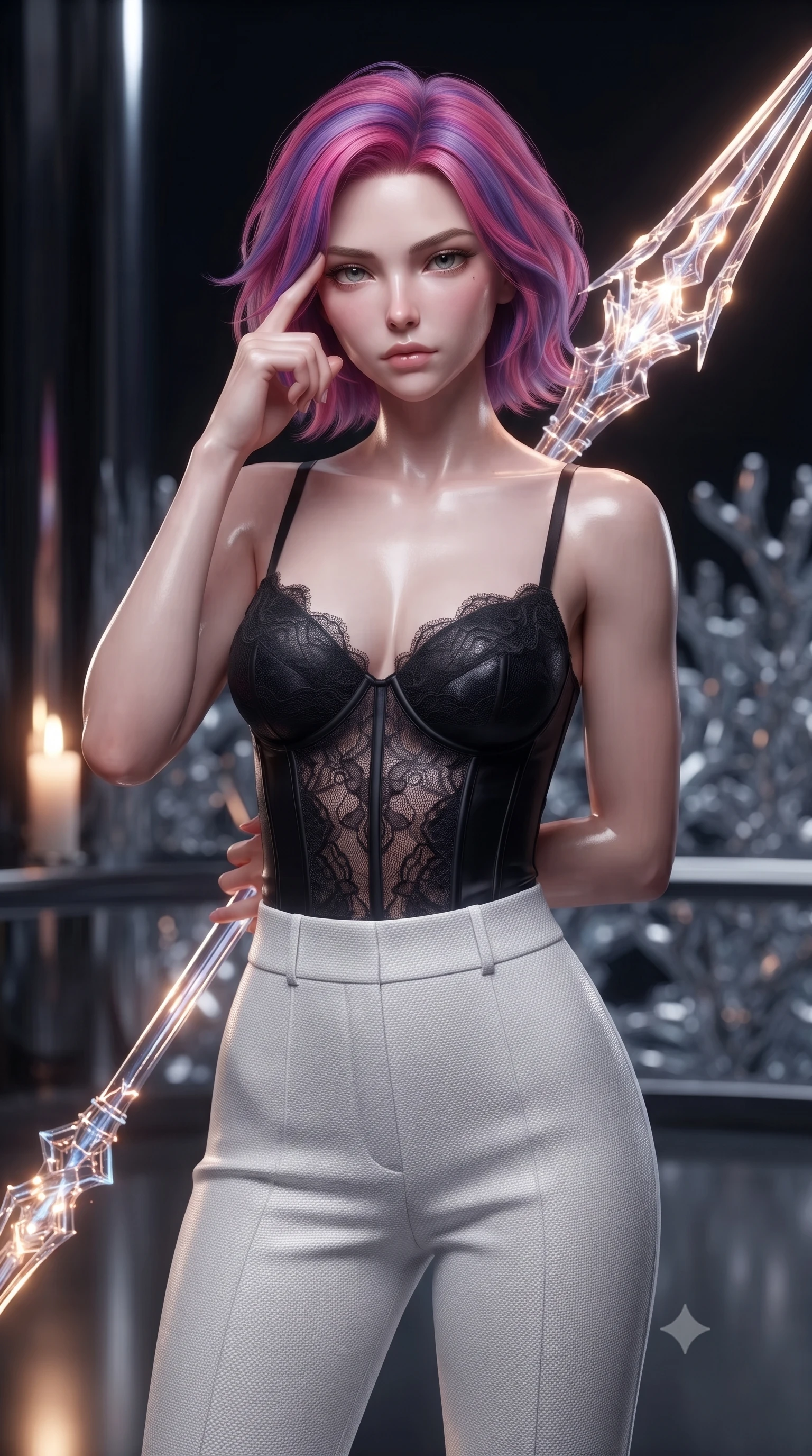 score_9, masterpiece, best quality, ultra-detailed, high-budget anime keyframe, editorial fashion photography, tasteful artistic composition, Caucasian woman. close-up cowboy shot from the waist and thighs up, the character dominates the composition, filling the frame with her large presence, background elements kept in soft focus. pressing two fingers to her temple while holding a light-spear diagonally behind her in a composed thoughtful gesture, the background shows a soft-focus a pearl dome balcony facing a forest of reflective silver corals in soft focus. She has an exceptionally elegant, slender, and willowy female figure with an ultra-slim waist, a gracefully sculpted slender torso, and a refined silhouette. sharp v-shaped jawline, high-bridge nose, intricate jewel-like eyes with depth, thick eyelashes, glossy lips with a natural sheen. wearing a form-contouring delicate lace combat corset top in black silk, paired with high-waisted white carbon-weave trousers. soft flickering candle glow reflecting on polished chrome walls and her skin. ultra-reflective glossy finish, specular highlights, metallic sheen, high-contrast stereoscopic depth, volumetric dynamic lighting, 2k, ultra detail, master piece, 9:16 ratio